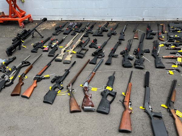 A cache of firearms seized by police in December. Police say 70 per cent of confiscated firearms were purchased legally, then 'diverted' to criminals and gangs.  Photo / NZ Police
