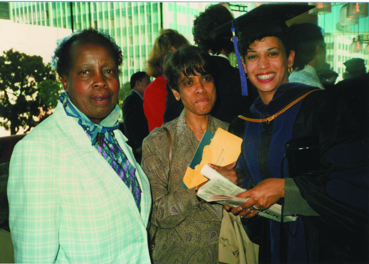 Kamala Harris, right, after graduating from UC Hastings with her mother, Dr Shyamala Gopalan, centre, and her first-grade teacher, Frances Wilson, in May 1989. Photo / AFP