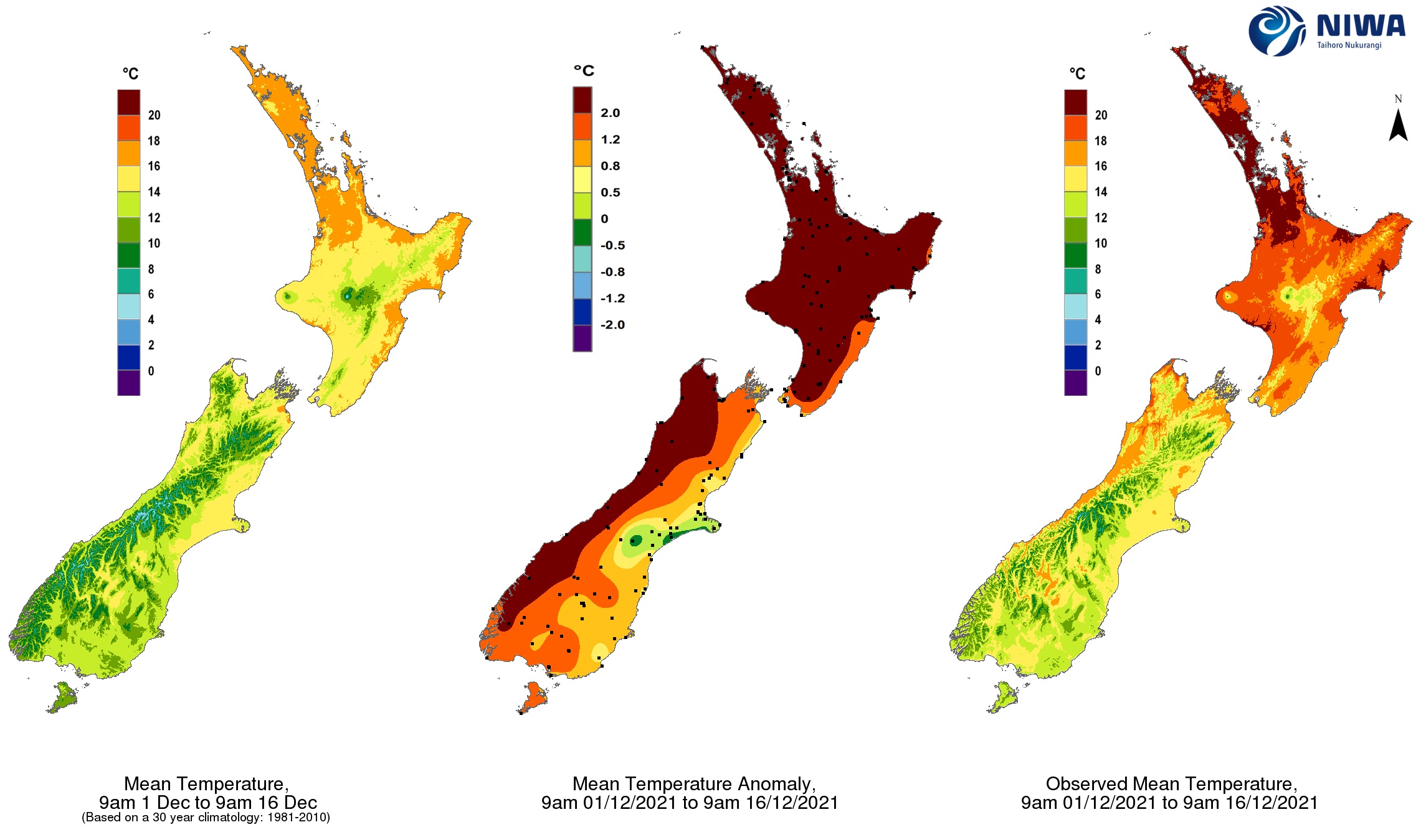 This map, showing temperatures up to mid-December, shows how warm conditions have been compared with the 1981-2010 average. Image / Niwa