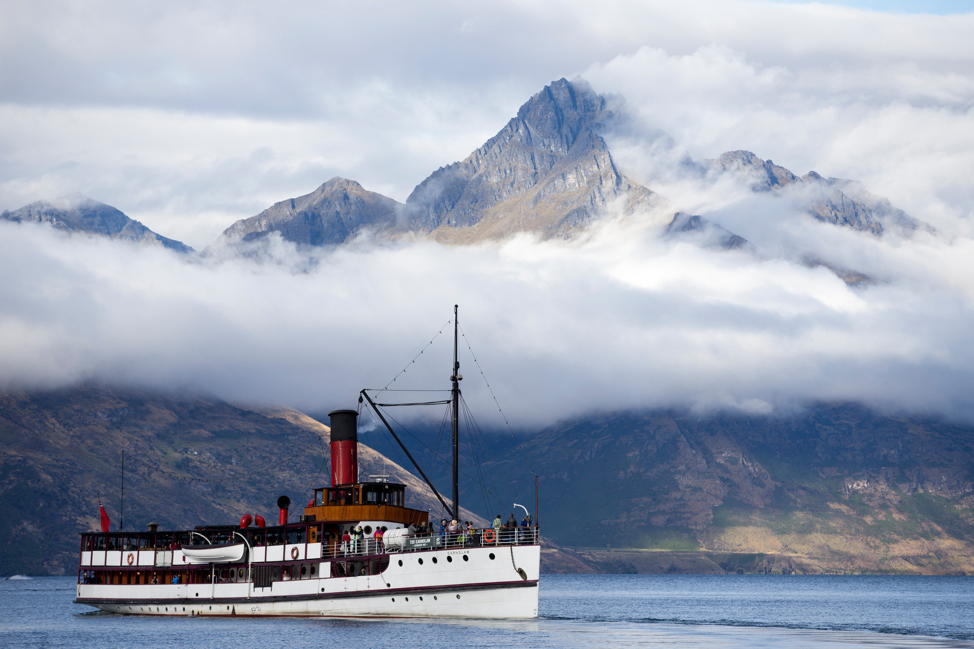 Views of Cecil Peak and the TSS Earnslaw on an autumnal Lake Wakatipu.
