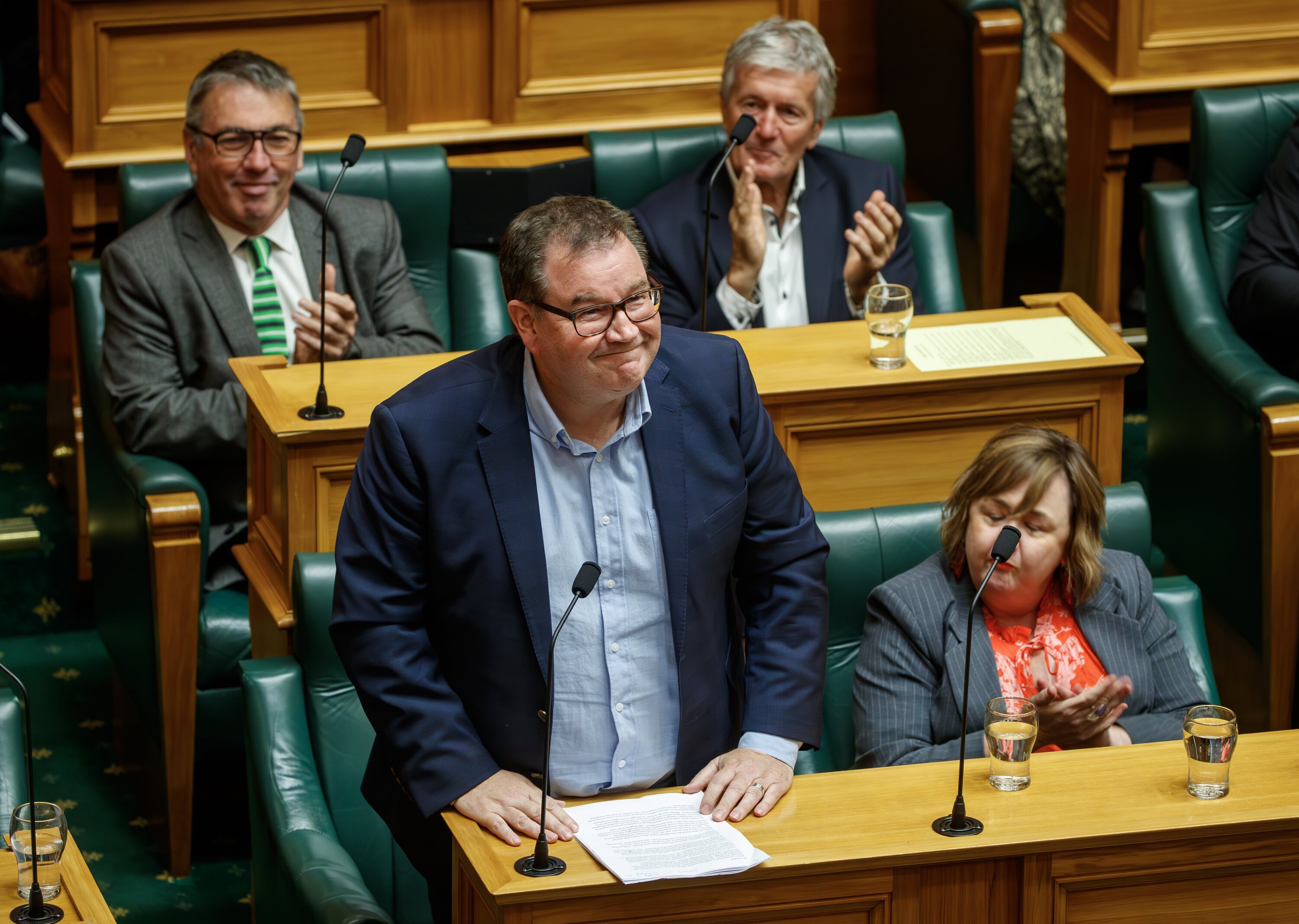 Grant Robertson beams as he gives his final address in Parliament. Photo / Mark Mitchell