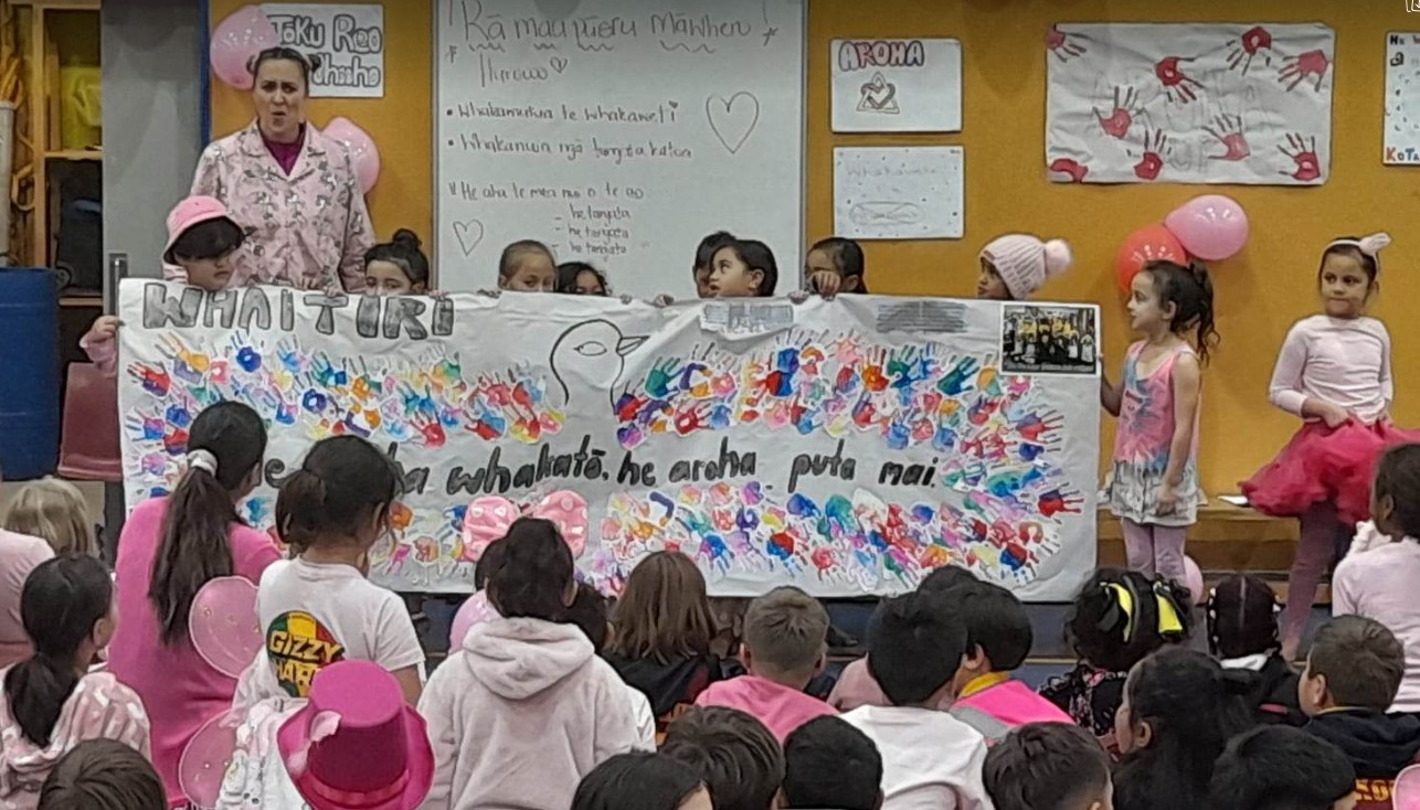 The students created colourful murals as part of Pink Shirt Day. Photo / Shauni James