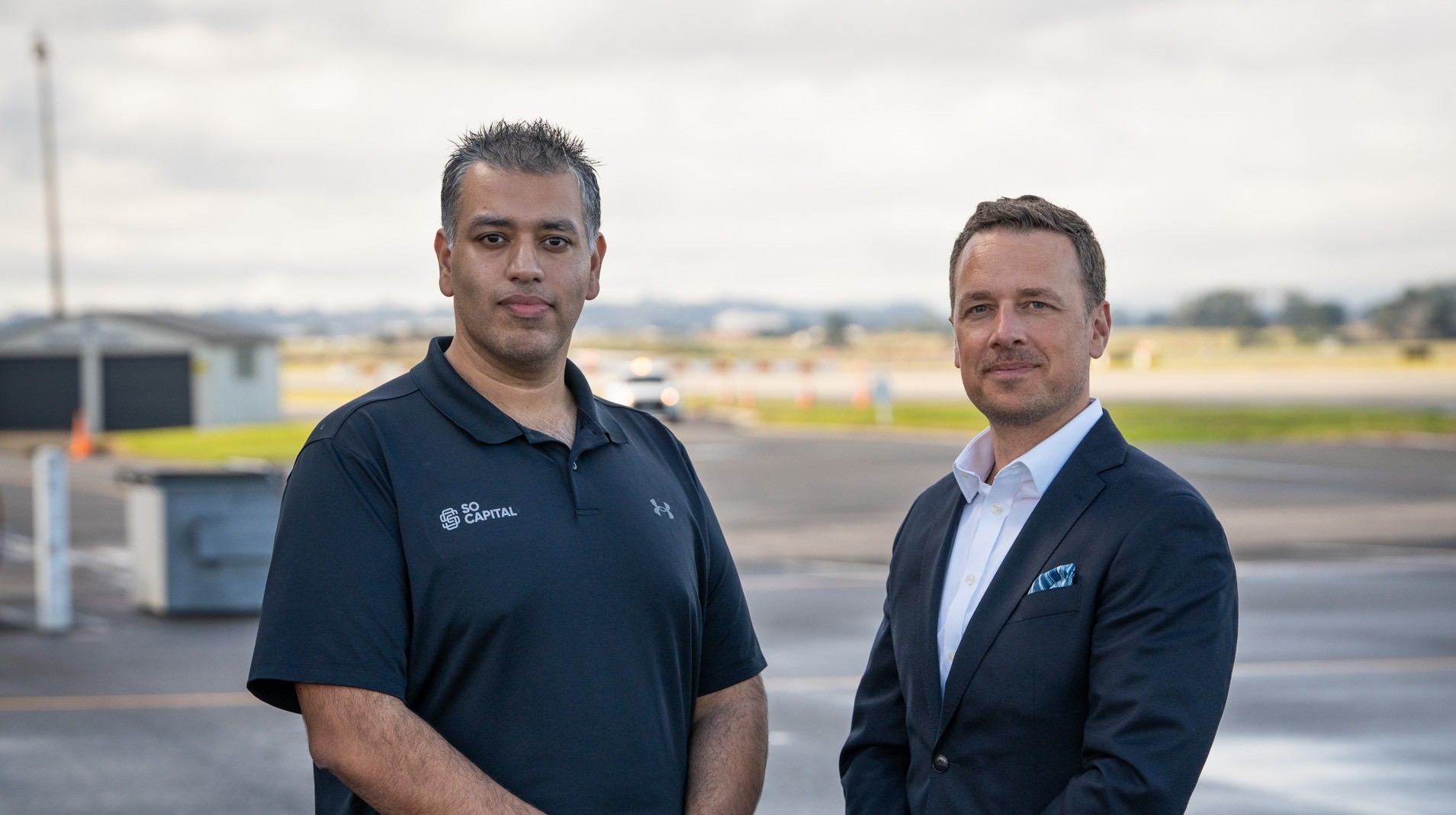 SO Capital chief executive Shah Aslam and PrivatPort global chief executive Josua Hildbrand at Auckland Airport. Photo / Cameron Pitney
