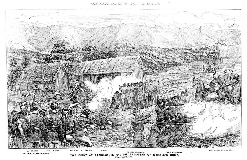 The attack on Rangiaowhia, an undefended agricultural hub in Waikato. Photo / Alexander Turnball Library