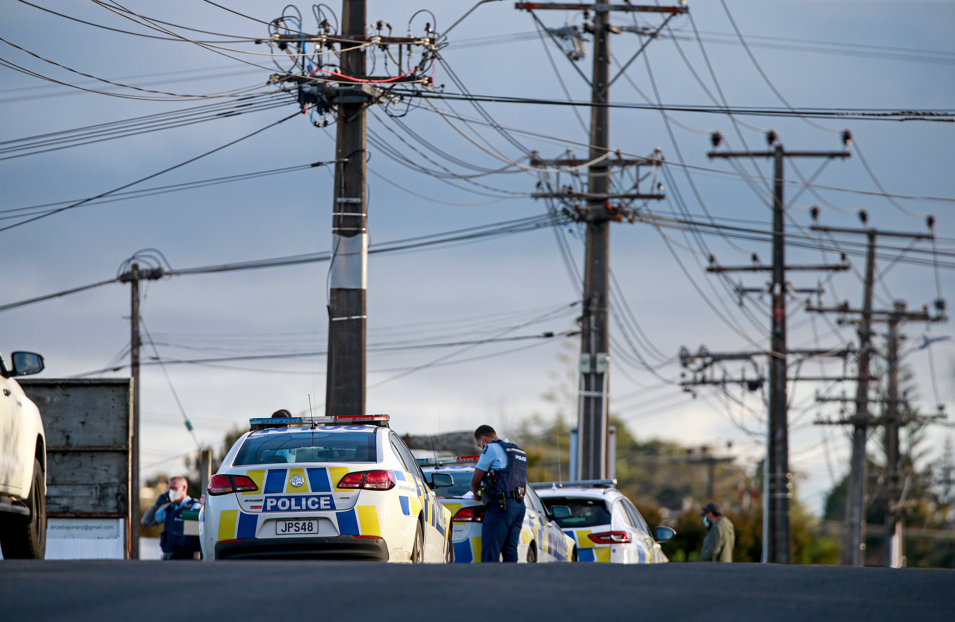 Police at the Glen Eden mosque on Waikaukau Rd after the stabbing of six people in a terrorist attack at the New Lynn Countdown. Photo / Alex Burton