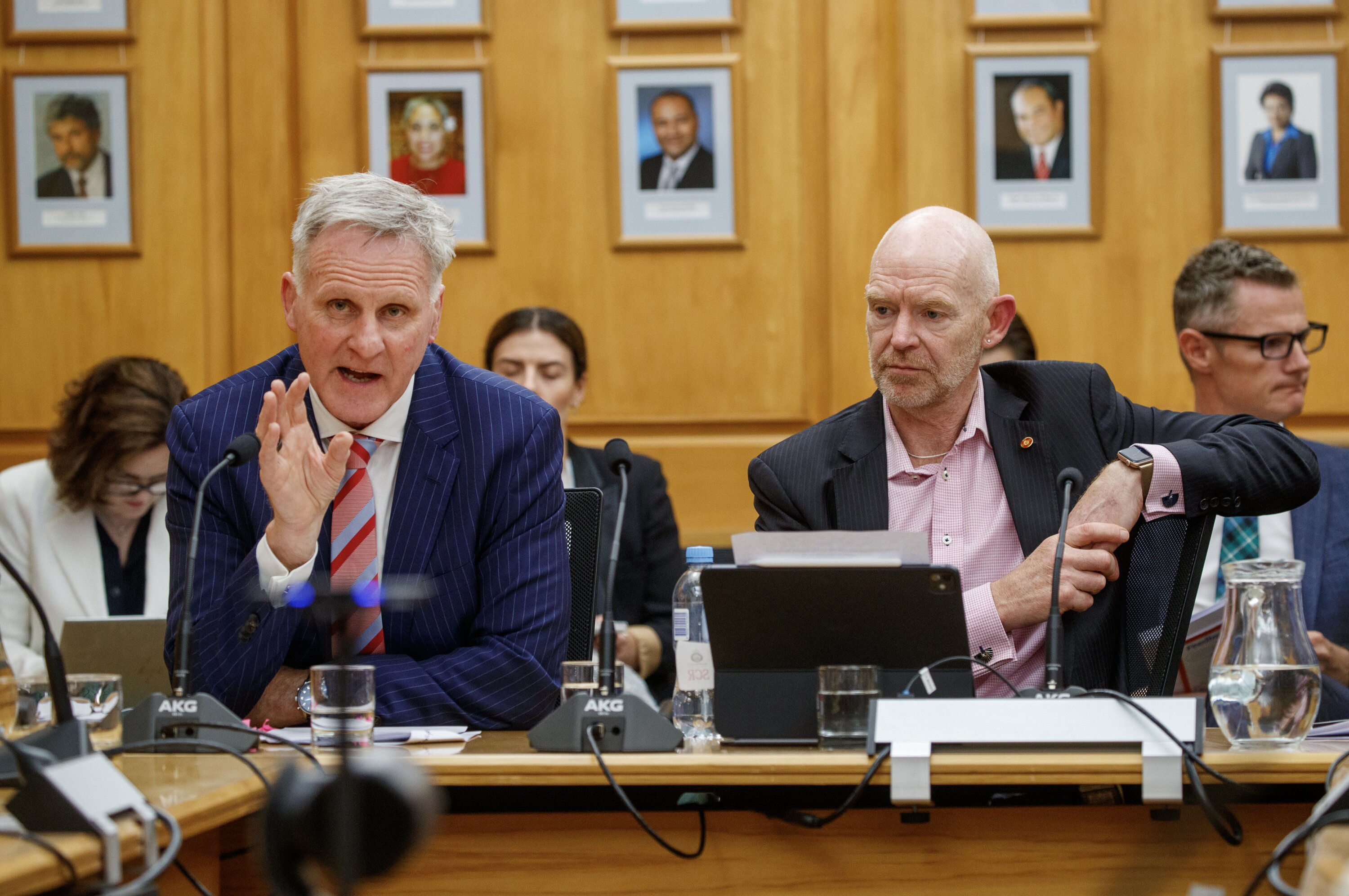 KiwiRail chief executive Peter Reidy (left) and acting chairman Rob Jager (right) say negotiations to exit the mega-ferry shipbuilding contract will extend into next year. Photo / Mark Mitchell