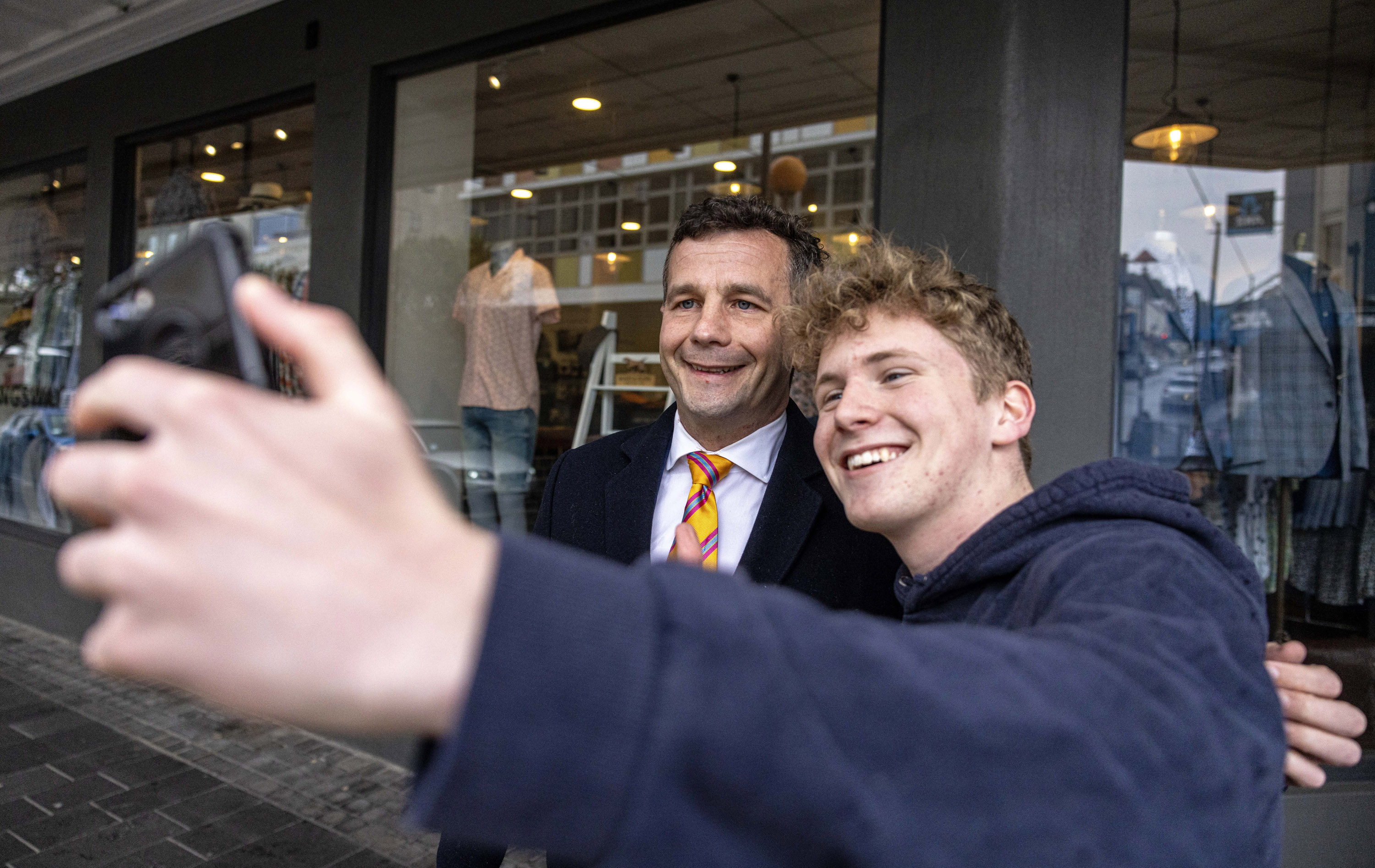 Act Party leader David Seymour posing for a selfie with a New Plymouth Boys' High School student. Photo / Mike Scott