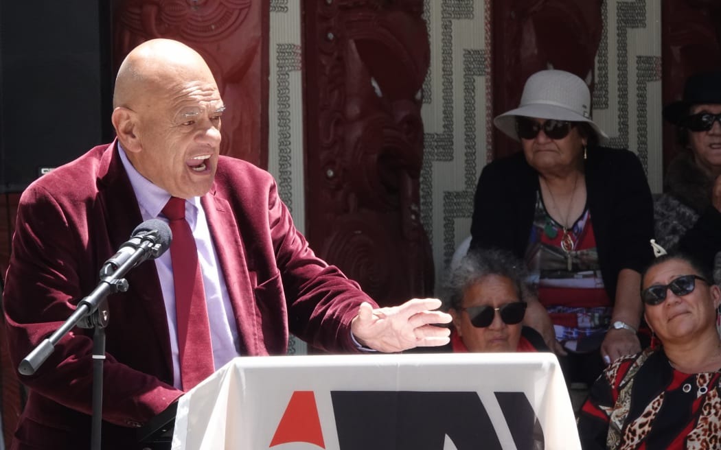 Ngāti Hine leader Waihoroi Shortland addresses the crowd gathered at the Waitangi Treaty Grounds.
