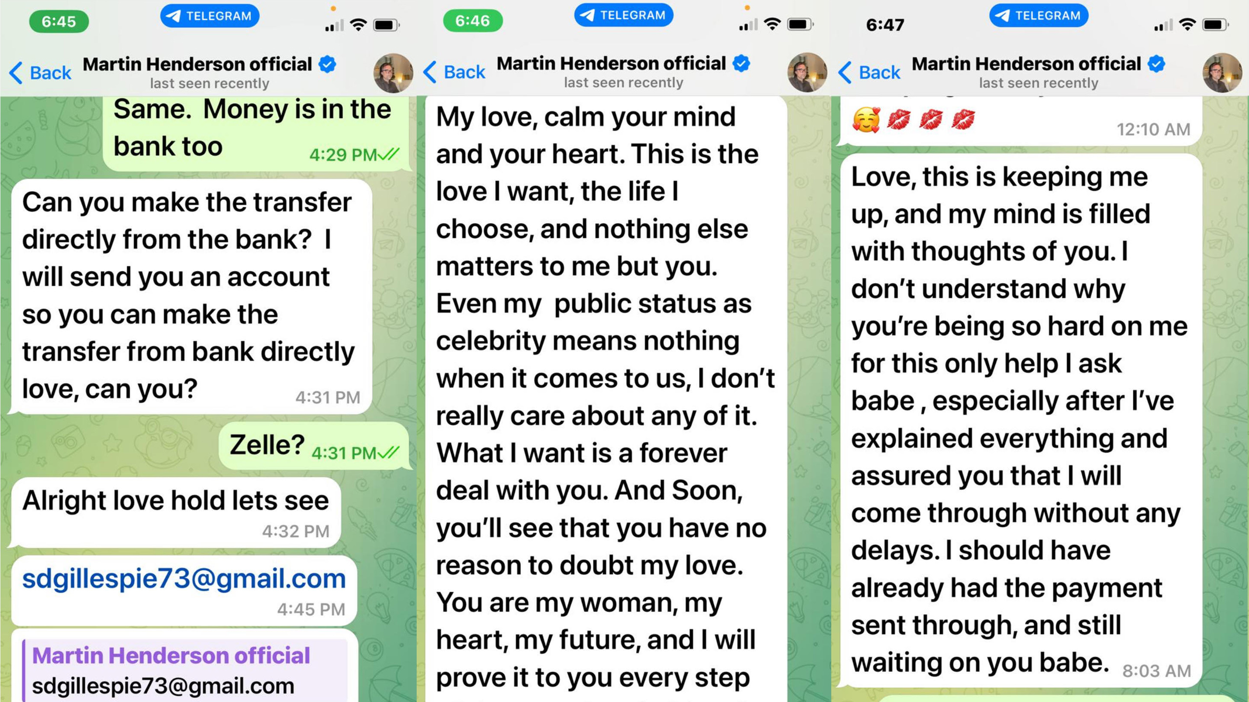 One of the latest victims shares her Martin Henderson scam texts.