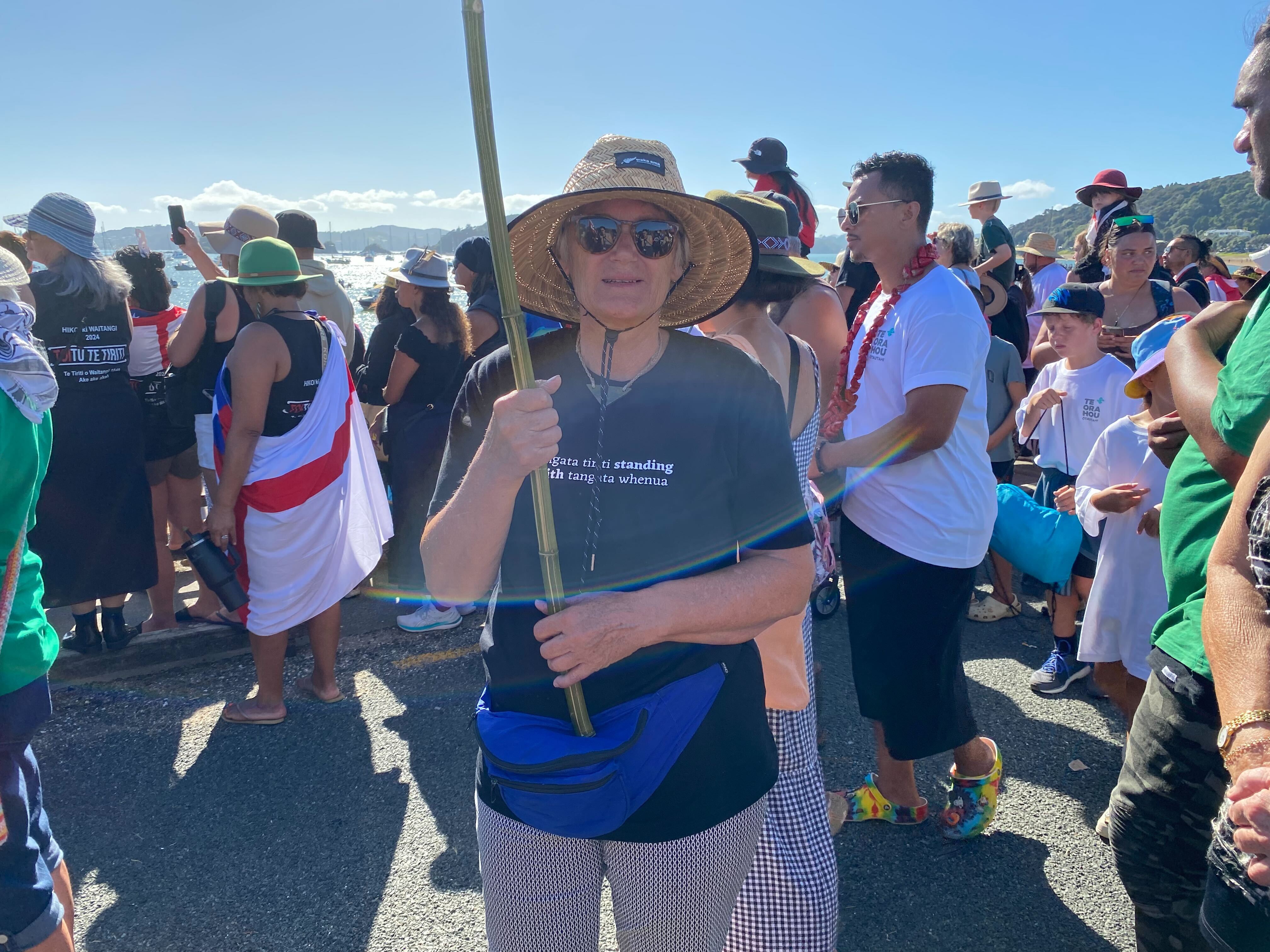 Treaty educator Moea Armstrong taking part in the hīkoi to Waitangi. Photo / Natasha Hill