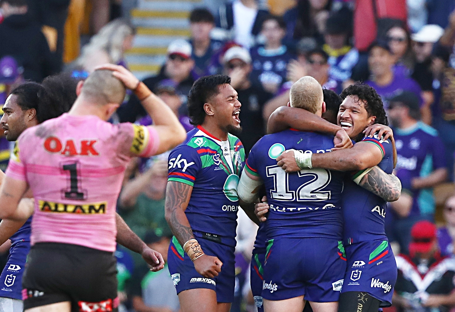 The Warriors celebrate their stunning win over Penrith. Photo / Photosport