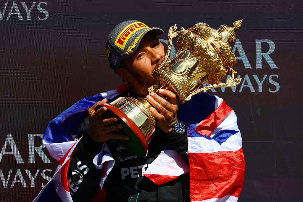 Race winner Lewis Hamilton of Great Britain and Mercedes celebrates on the podium during the F1 Grand Prix of Great Britain at Silverstone. Photo / Getty Images