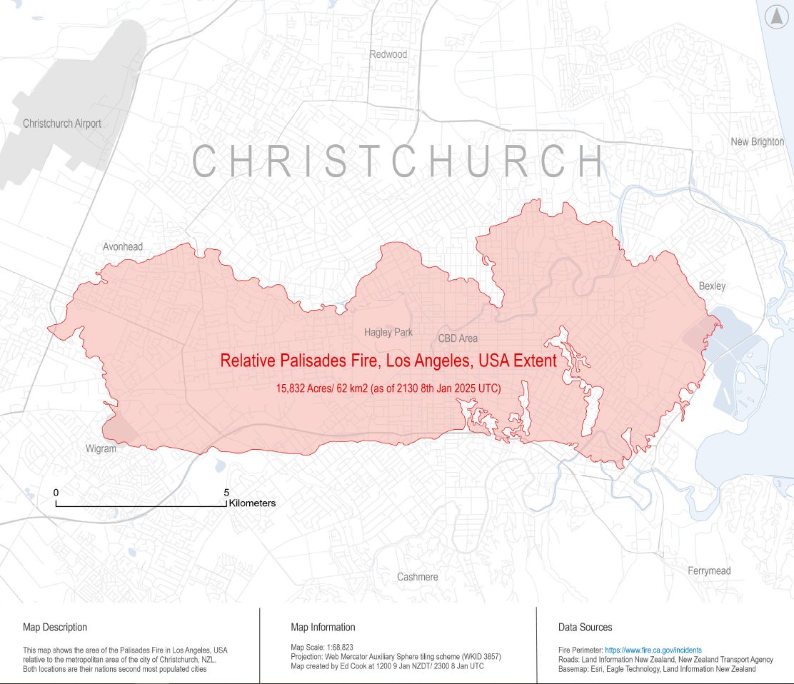 The Palisades fire in Los Angeles overlayed over a map of Christchurch. Photo / Ed Cook