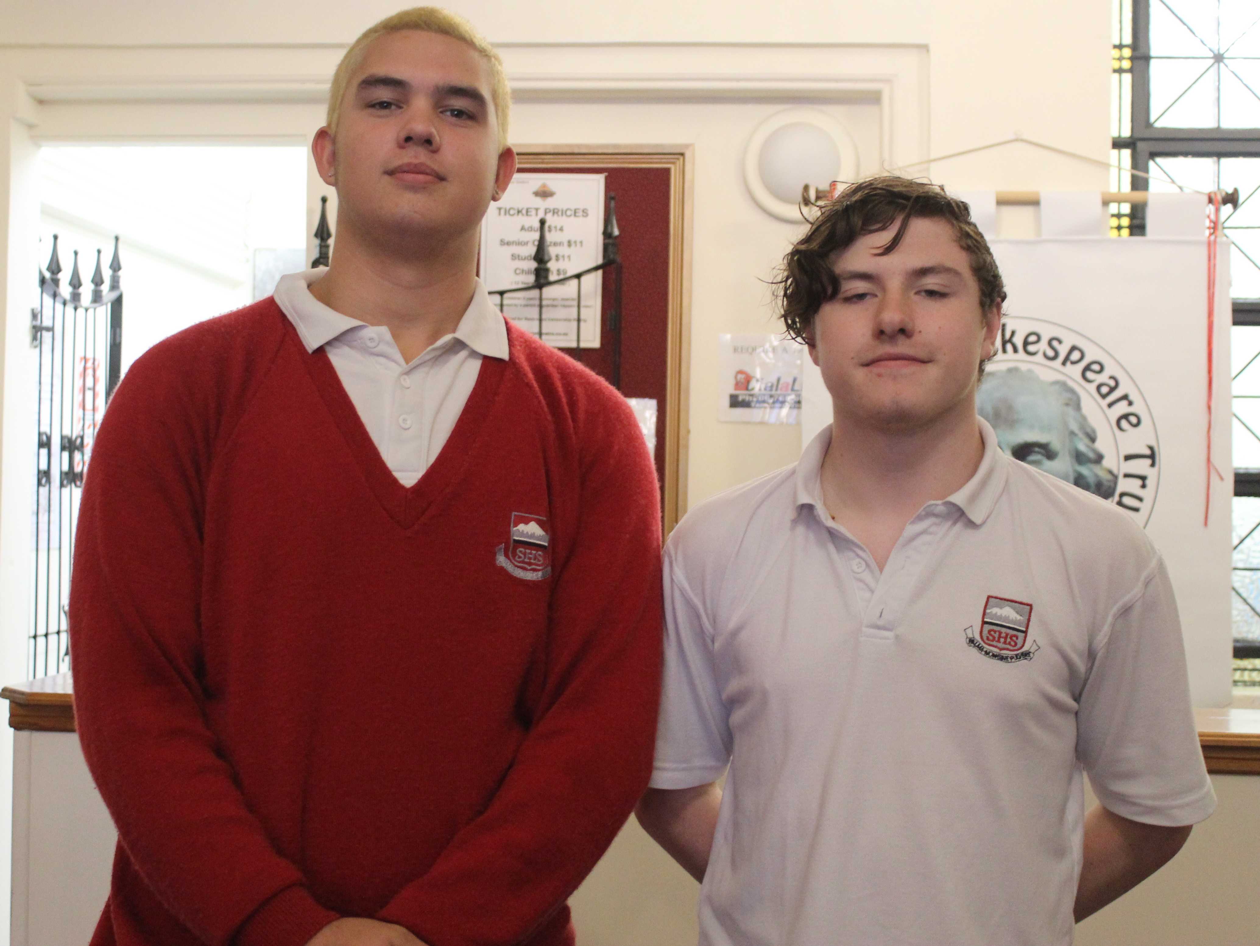 Kauby Ngatai-Northcott (left) and Jack Hinton (both 17) were two of the many students who watched the performance by the Ugly Shakespeare Company. Photo/ Alyssa Smith