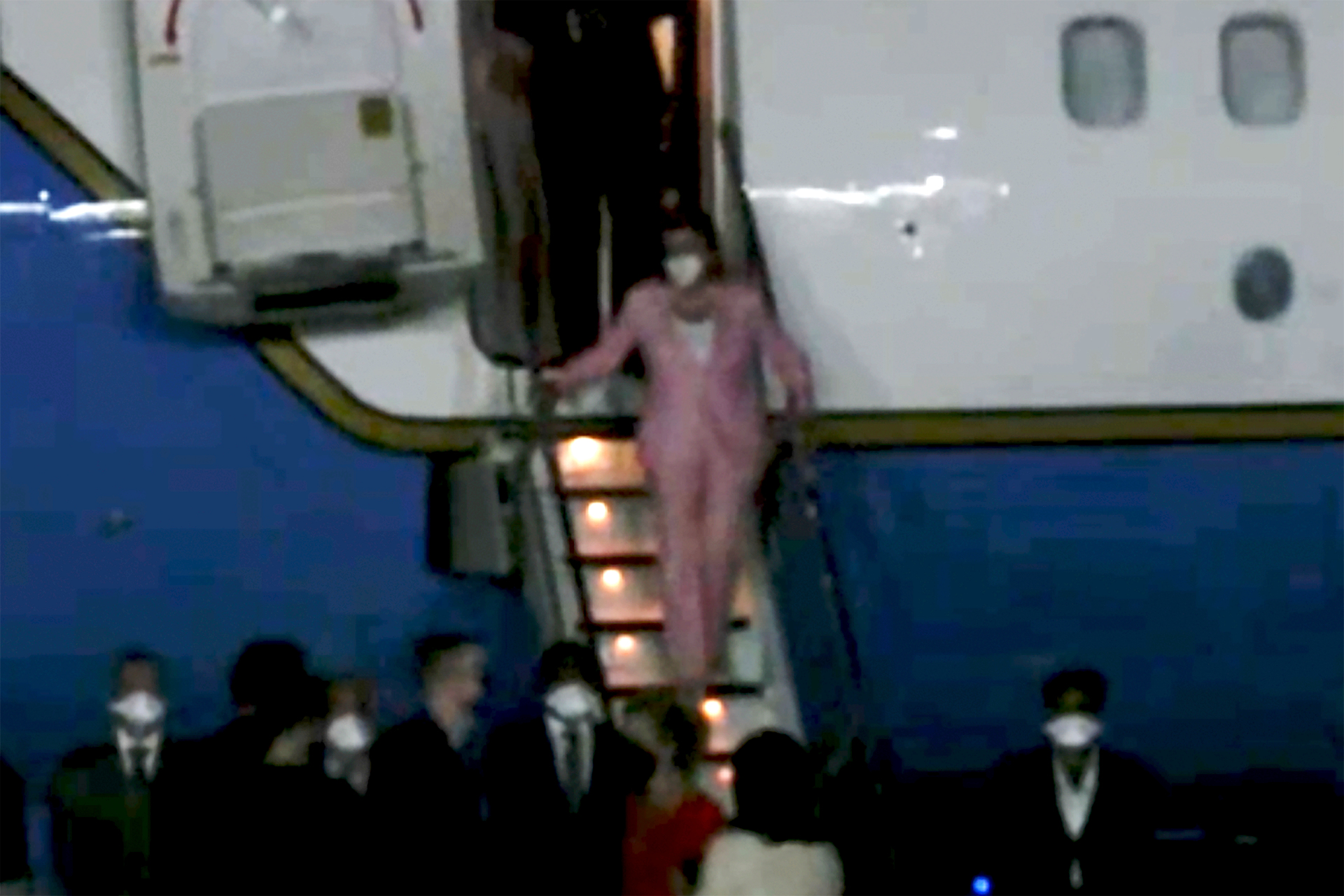 US House Speaker Nancy Pelosi exits the plane as she arrives in Taipei. Photo / AP