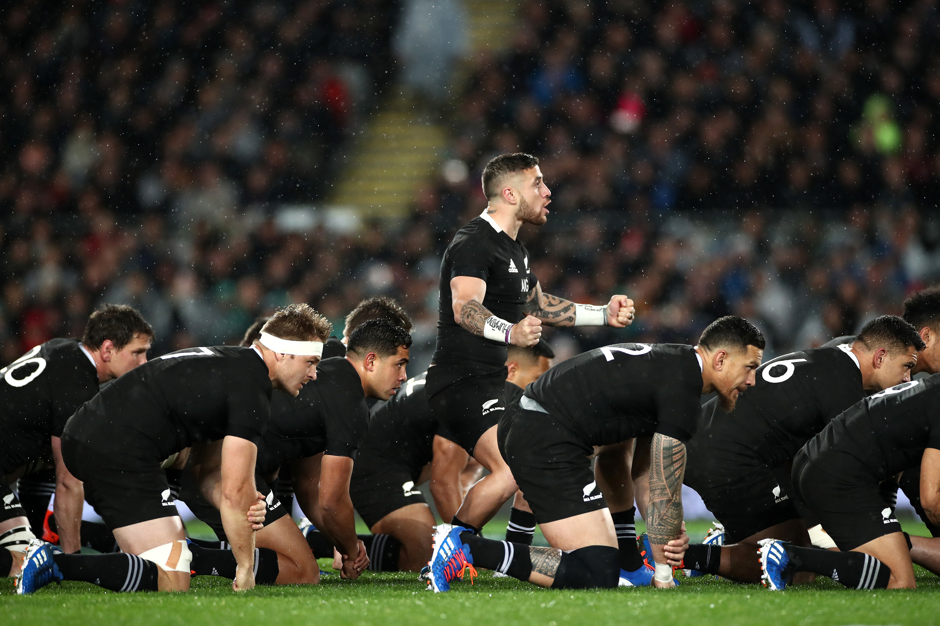 TJ Perenara leads the All Blacks in their Kapa-o-pango haka against the Wallabies last year. Photo / Cameron Spencer / Getty Images
