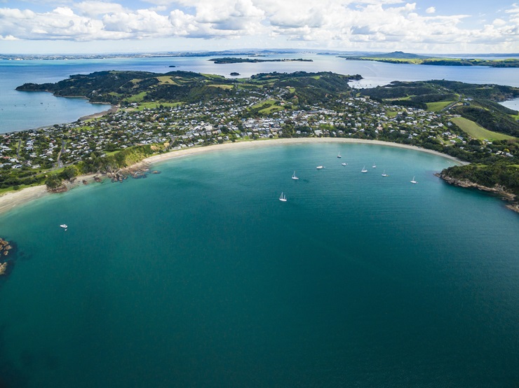Aerial view of Oneroa Bay on Waiheke Island.
