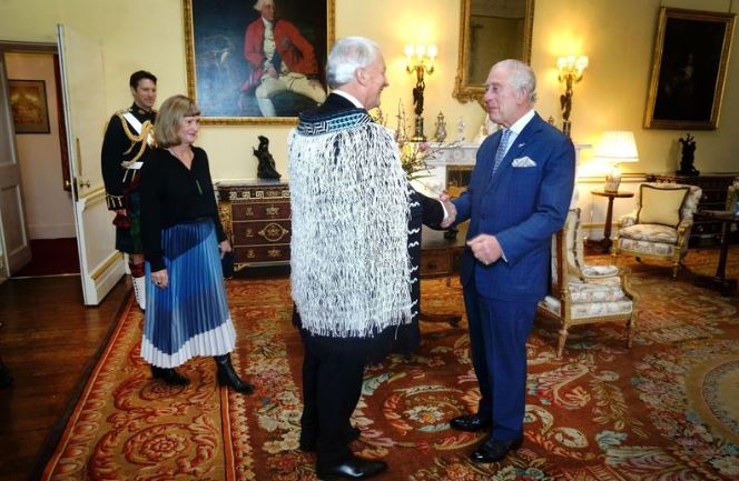 NZ's High Commissioner to the UK, Phil Goff and wife Mary, meeting King Charles at Buckingham Palace. Photo / Supplied