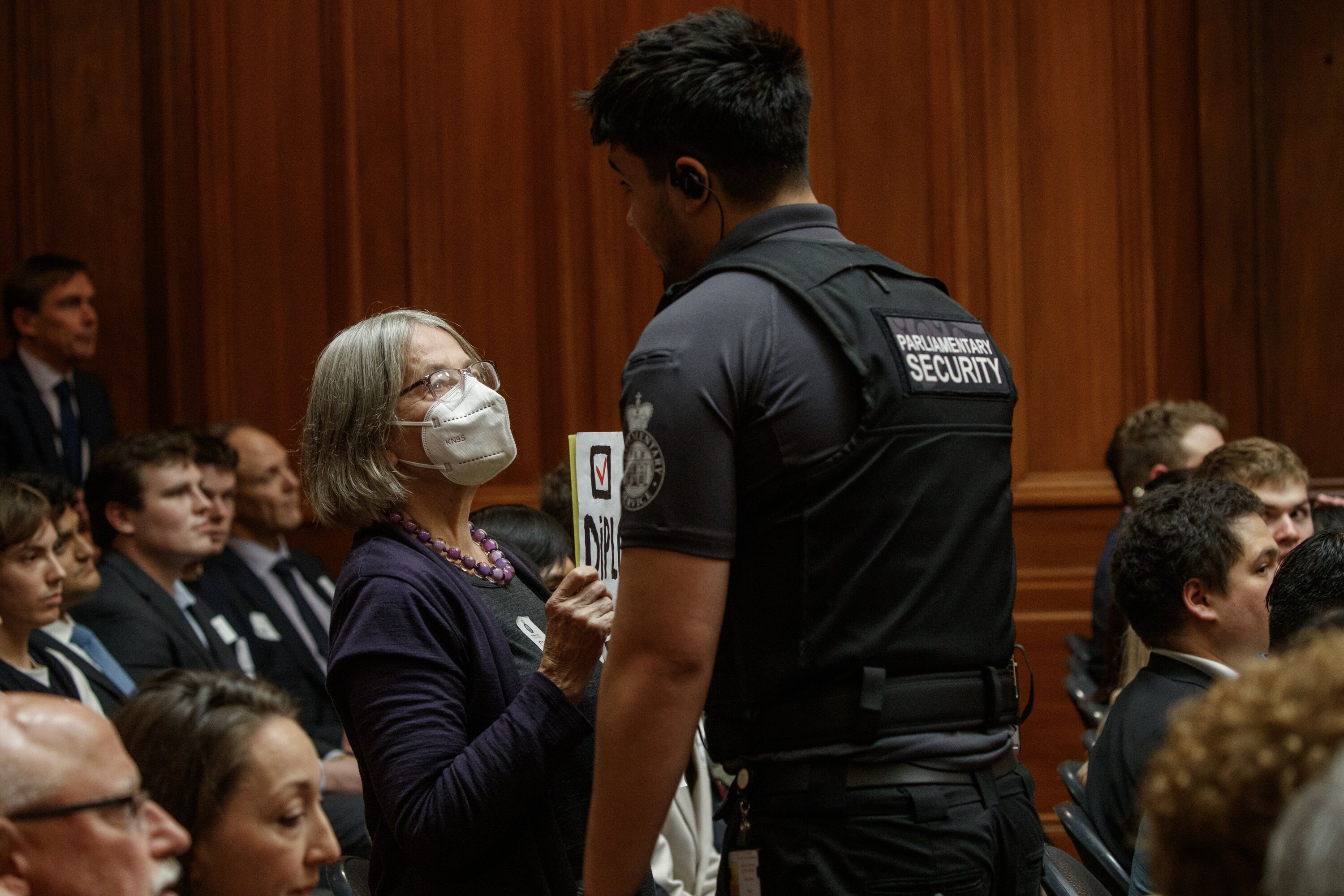 A major speech by Foreign Minister Winston Peters has been interrupted by a lone protester. Photo / Mark Mitchell
