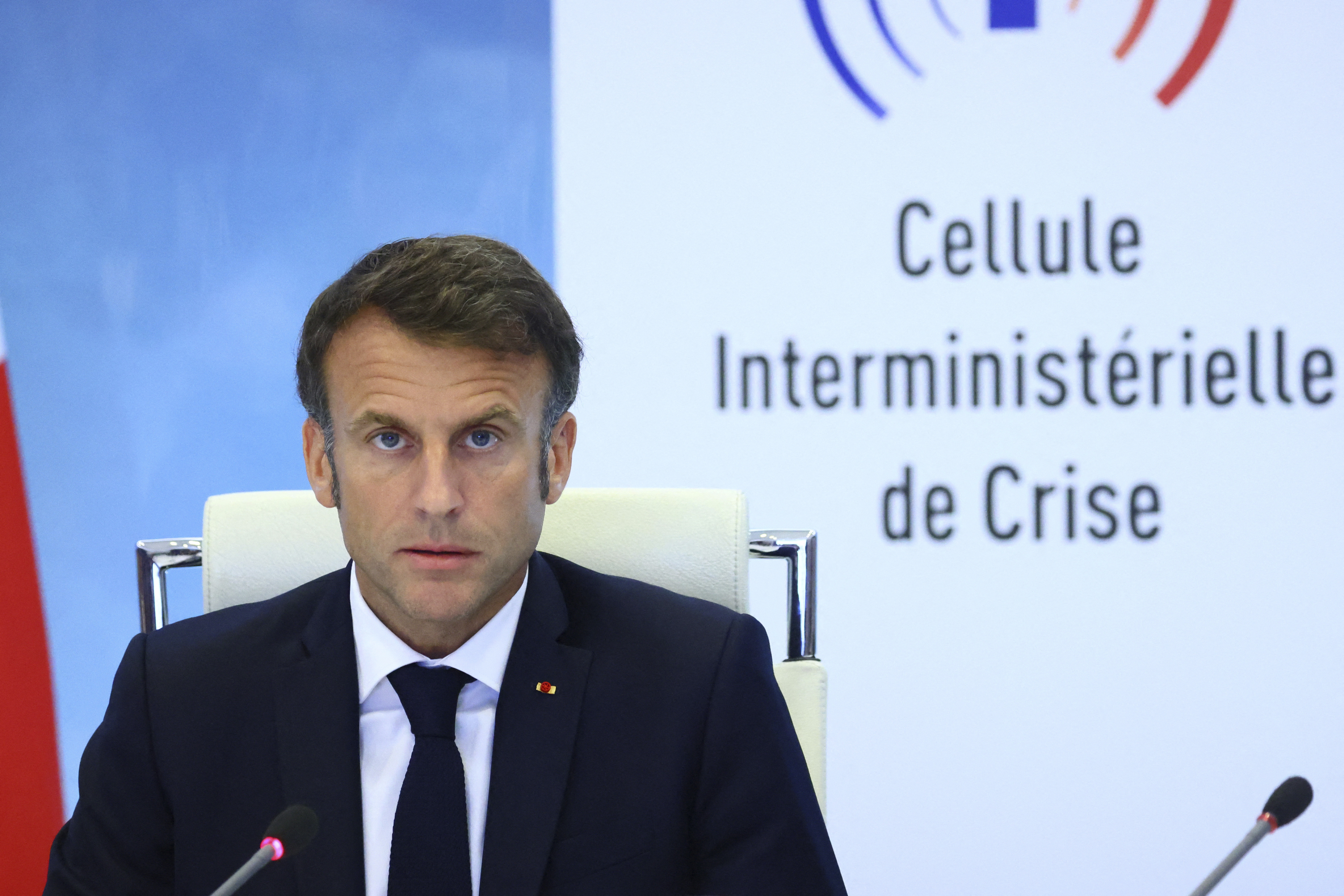 French President Emmanuel Macron speaks following a government emergency meeting after riots erupted for the third night in a row across the country. Photo / AP