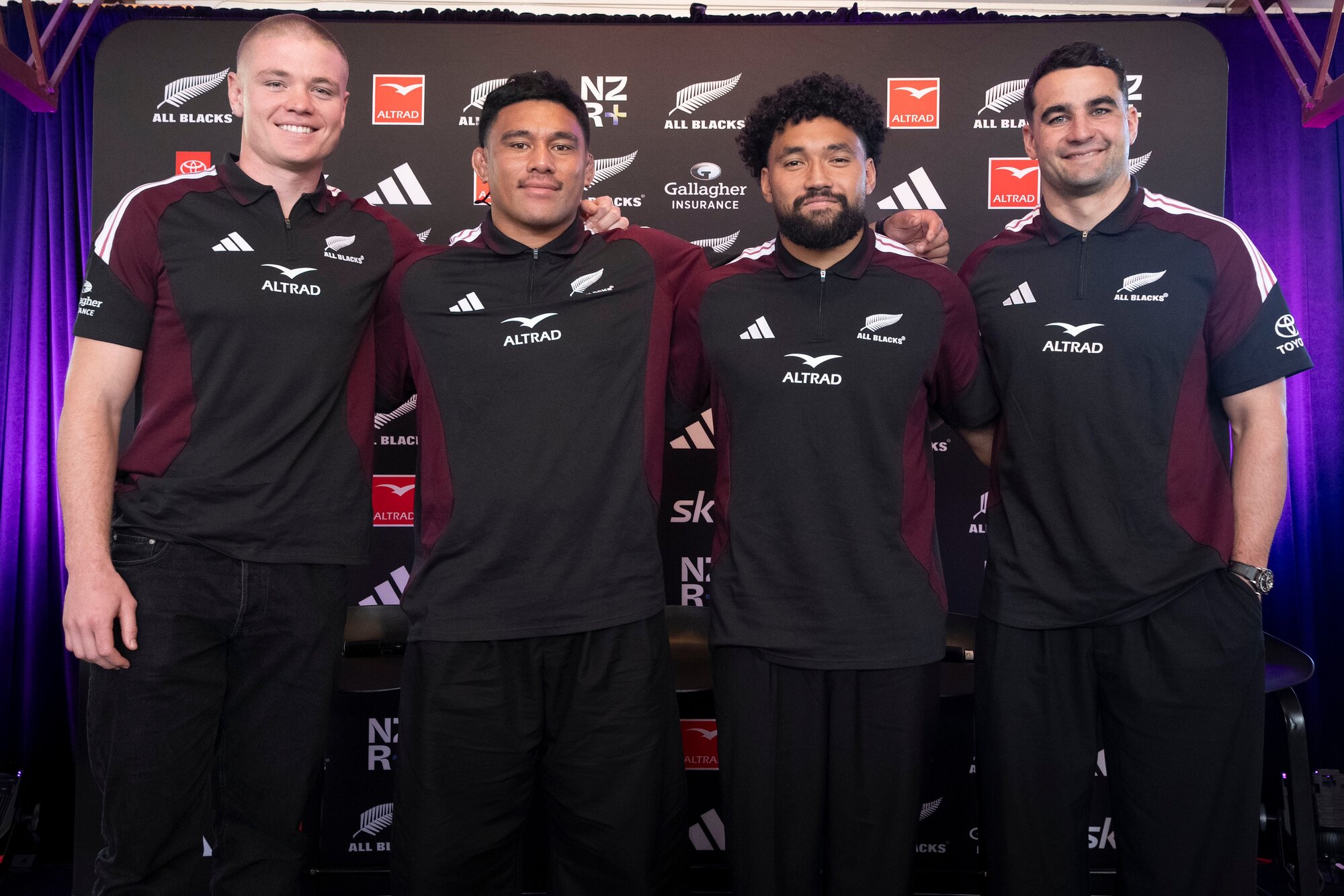 New All Blacks from left: Anton Segner, Xavier Numia, Fehi Fineanganofo and Josh Moorby during the New Zealand All Blacks squad announcement. 
Photo / Photosport