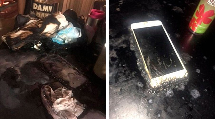 The counter top where she set herself on fire is shown (left) and her phone (right). She is thought to have used a cherry scented Bath and Body Works spray to douse herself. Photo / Facebook

