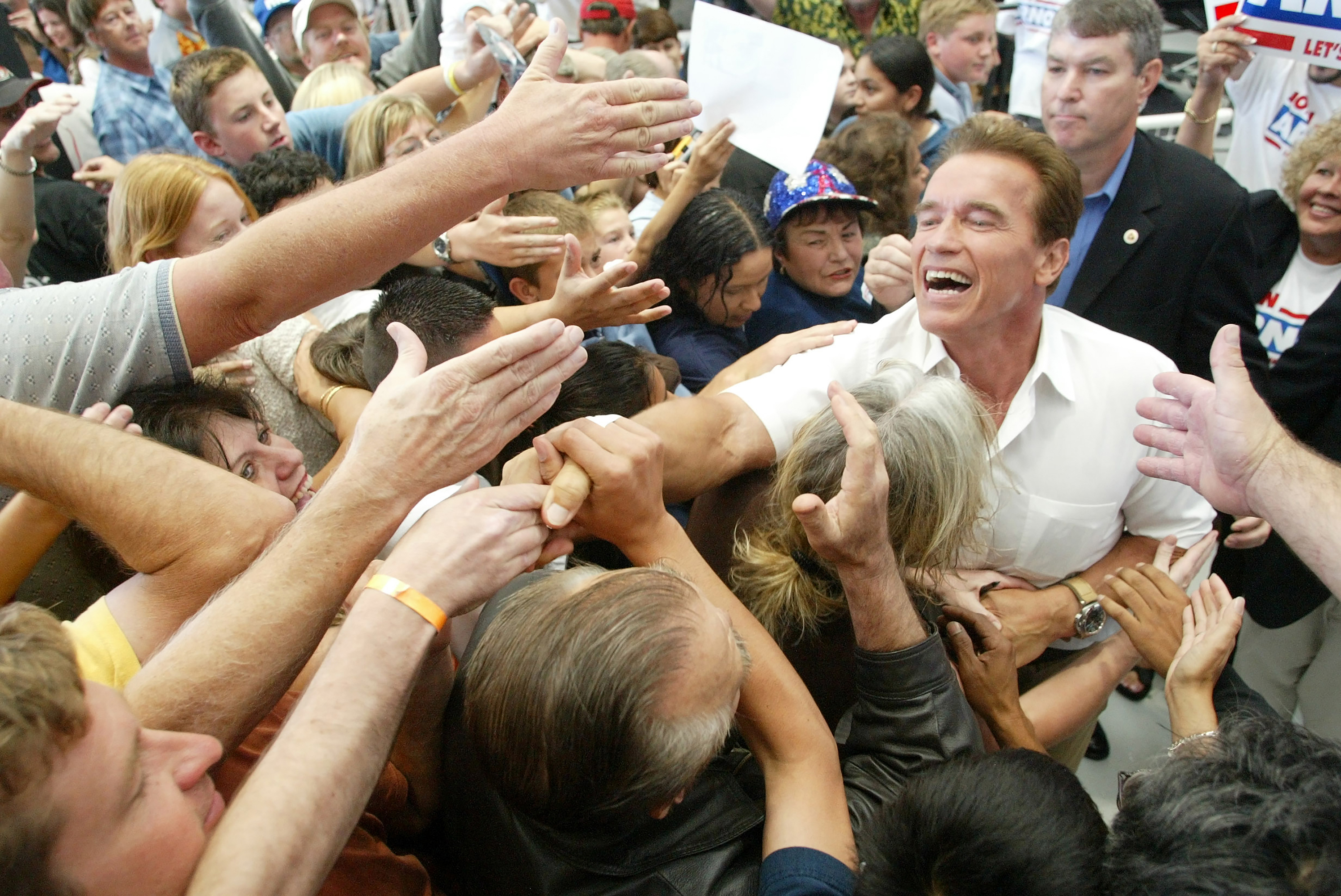 Arnold Schwarzenegger in 2003, campaigning for governor. He asked Pecker to stop publishing negative stories about him. Pecker agreed. Photo / Librado Romero, The New York Times