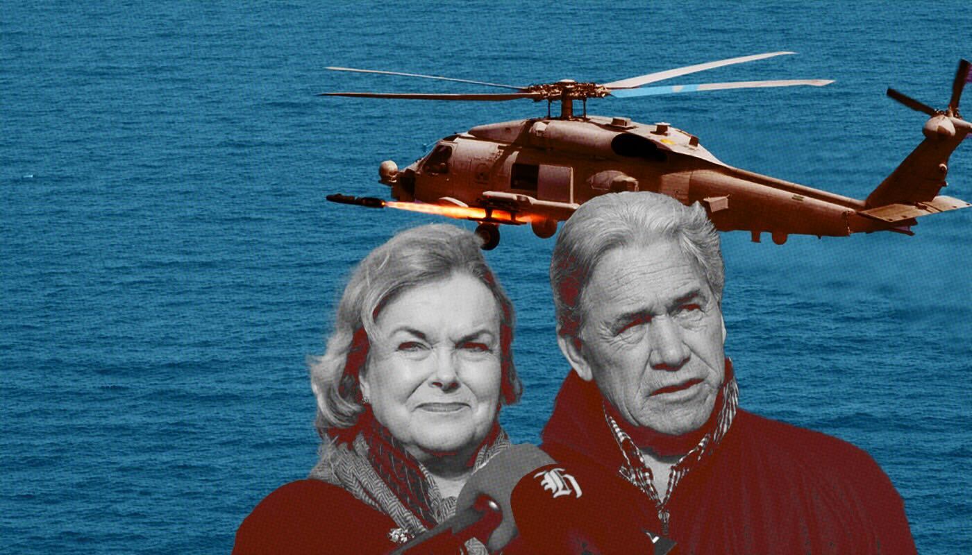 Defence Minister Judith Collins and Foreign Minister Winston Peters fronting a Govt announcement on new Defence Force planes and helicopters. Photo / NZME