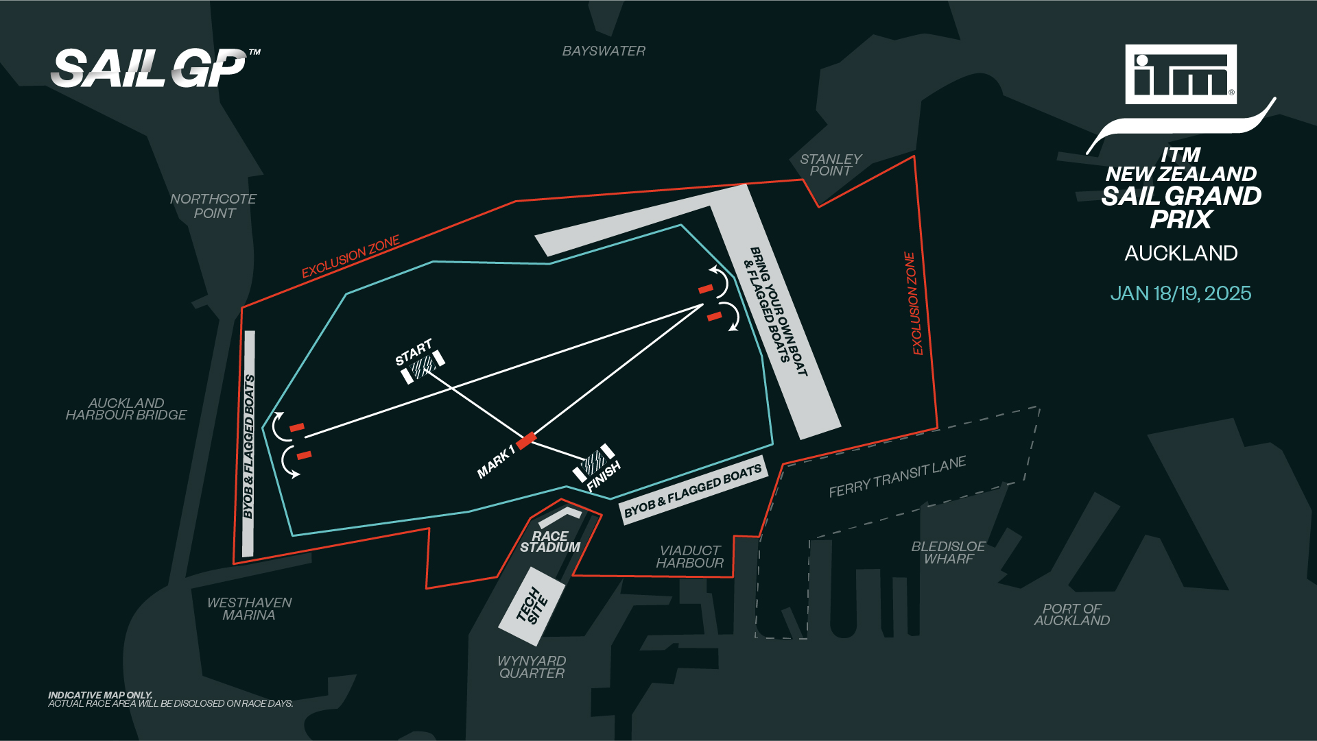 An indicative map of the race area for SailGP's debut in Auckland. Image / SailGP