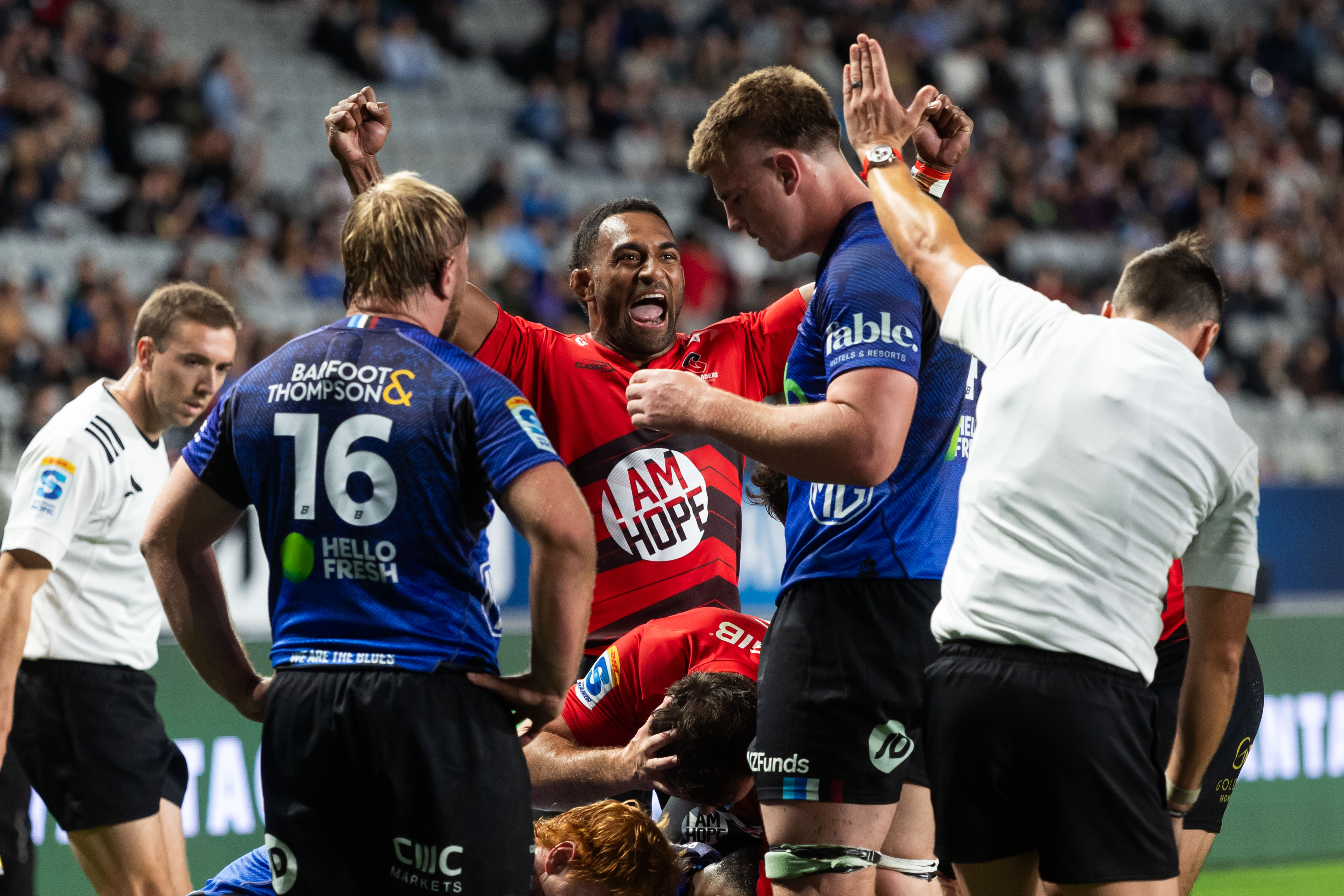 Winger Sevu Reece celebrates during the Crusaders' win over the Blues in Auckland. Photo / Photosport