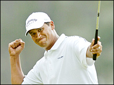 New Zealand's Michael Campbell reacts to his birdie on the 12th hole during the final round of today's 105th US Open golf tournament. Picture / Reuters