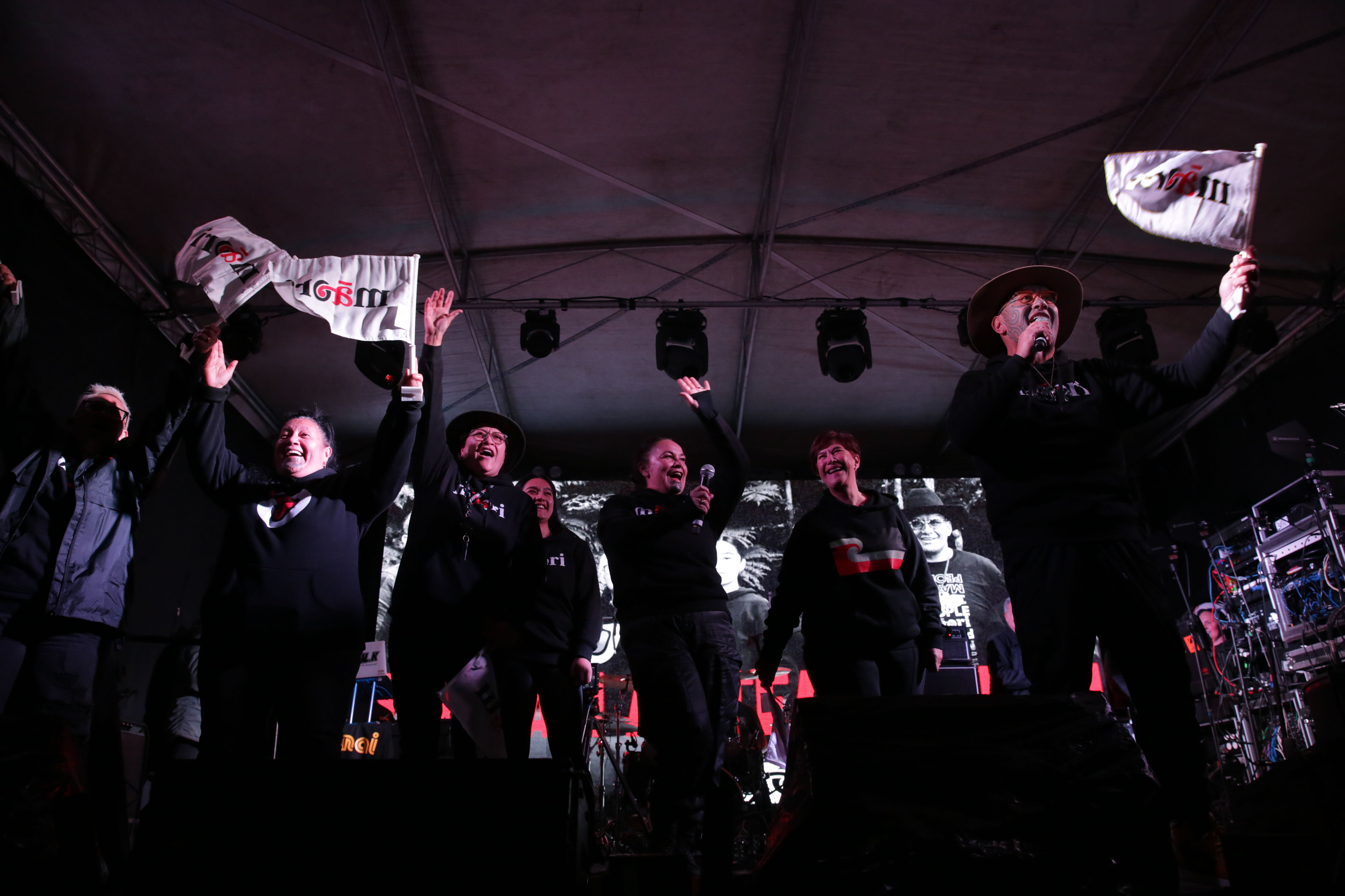 Te Pāti Māori candidates at their launch in Henderson, including co-leaders Debbie Ngarewa-Packer (centre) and Rawiri Waititi (right) and former Labour Minister Meka Whaitiri (second from left). Photo / Sylvie Whinray