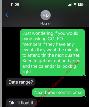 A text message exchange where a staffer in Nicole McKee's office asks Colfo spokesman Hugh Devereux-Mack to help fill the minister's diary. Released under the OIA.