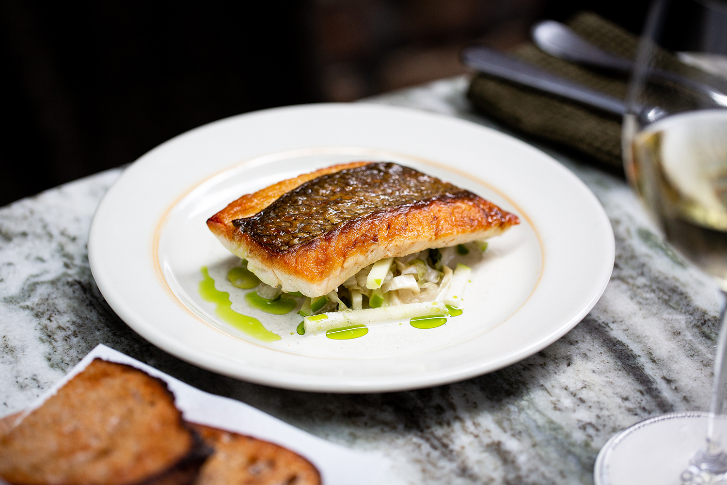 The snapper with white kimchi, Granny Smith, and hemp heart. Photo / Babiche Martens