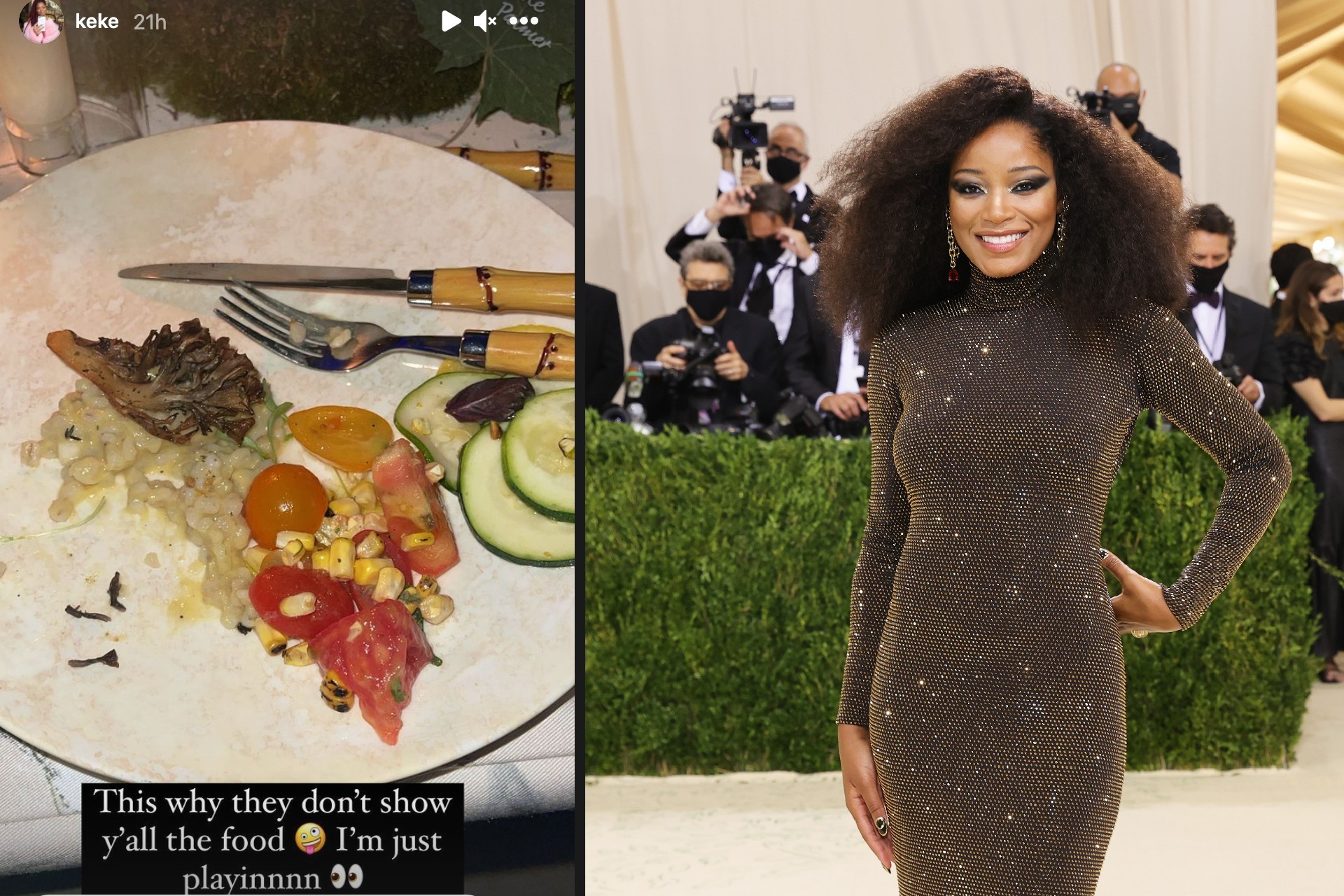 Actress Keke Palmer shared a lot of inside videos of her evening at the Met Gala, but this rather uninspired food shot has gone viral. Photo / Instagram / Getty Images