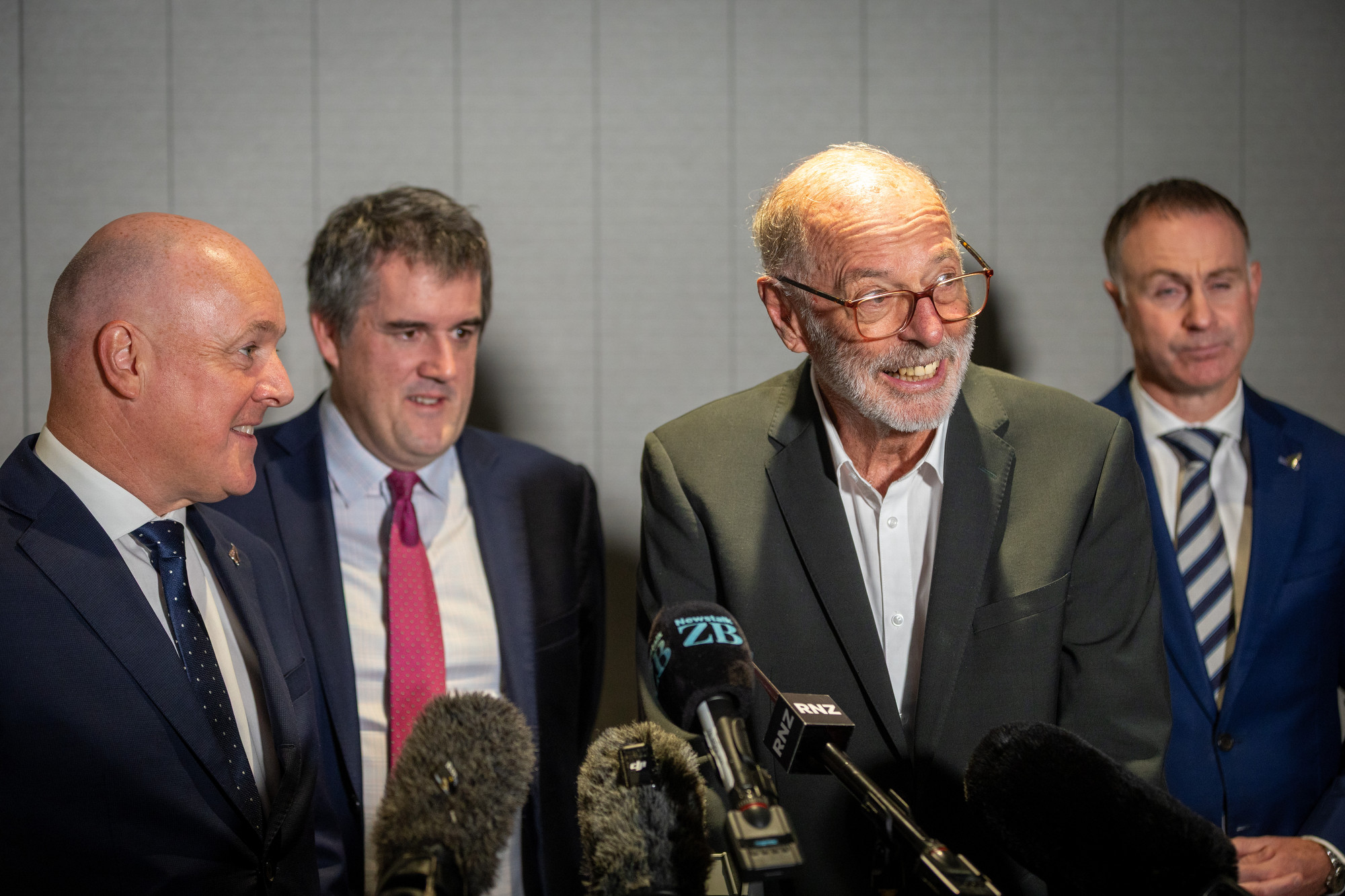 The announcement of the Auckland Deal was attended by Prime Minister Christopher Luxon (left), Infrastructure Minister Chris Bishop, Auckland Mayor Wayne Brown and Local Government and Auckland Minister Simon Watts. Photo / Michael Craig