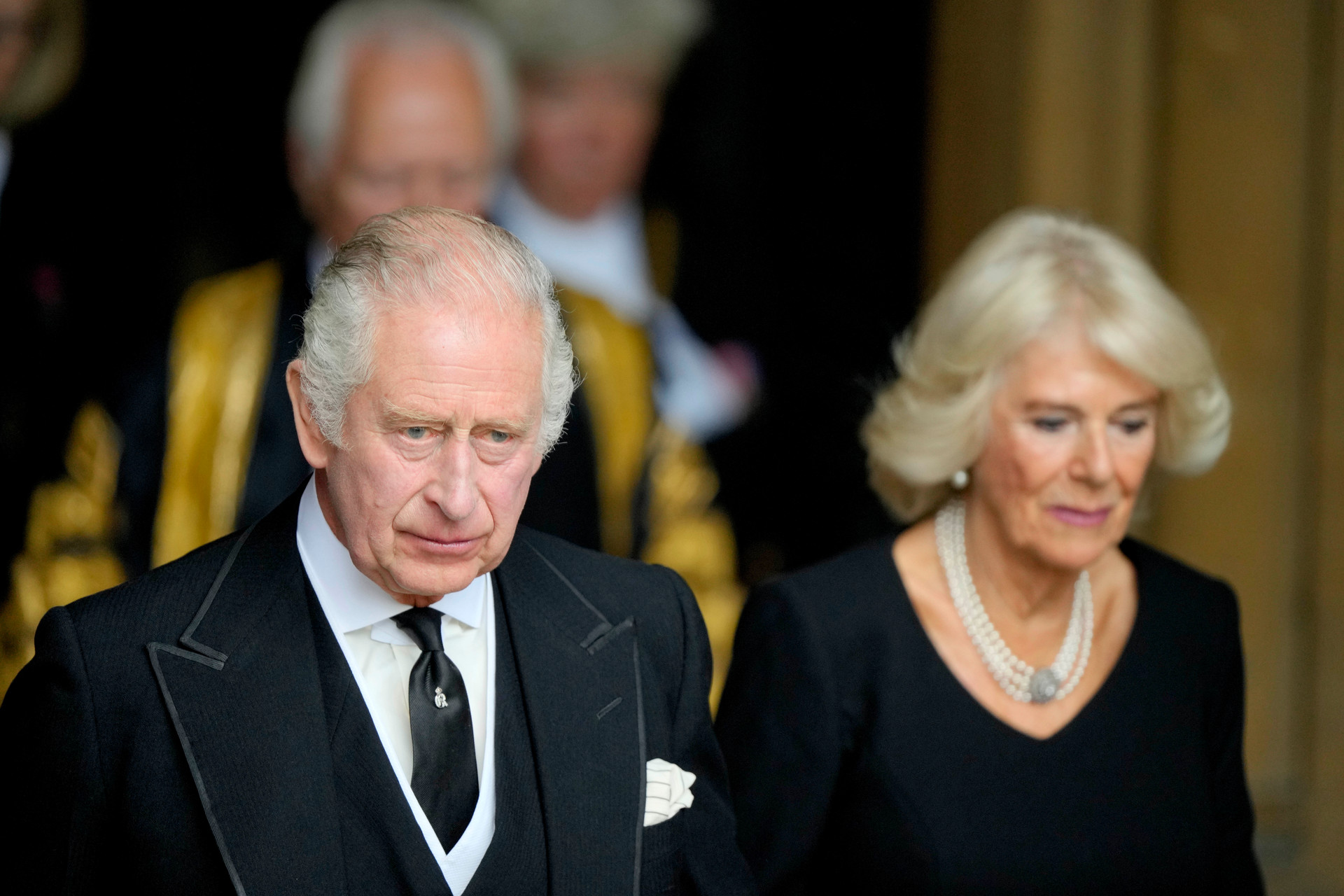 King Charles III and Camilla, the Queen Consort leave Westminster Hall in the Palace of Westminster. Photo / AP