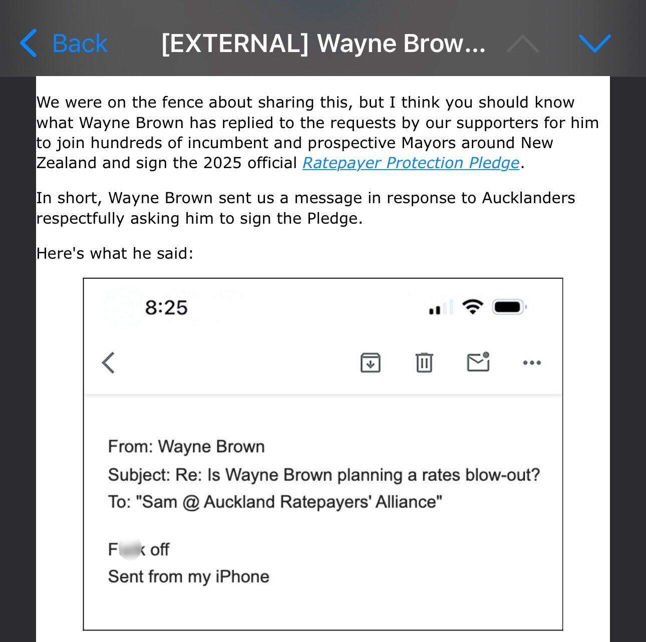Mayor Wayne Brown's response to the Auckland Ratepayers' Alliance about its 