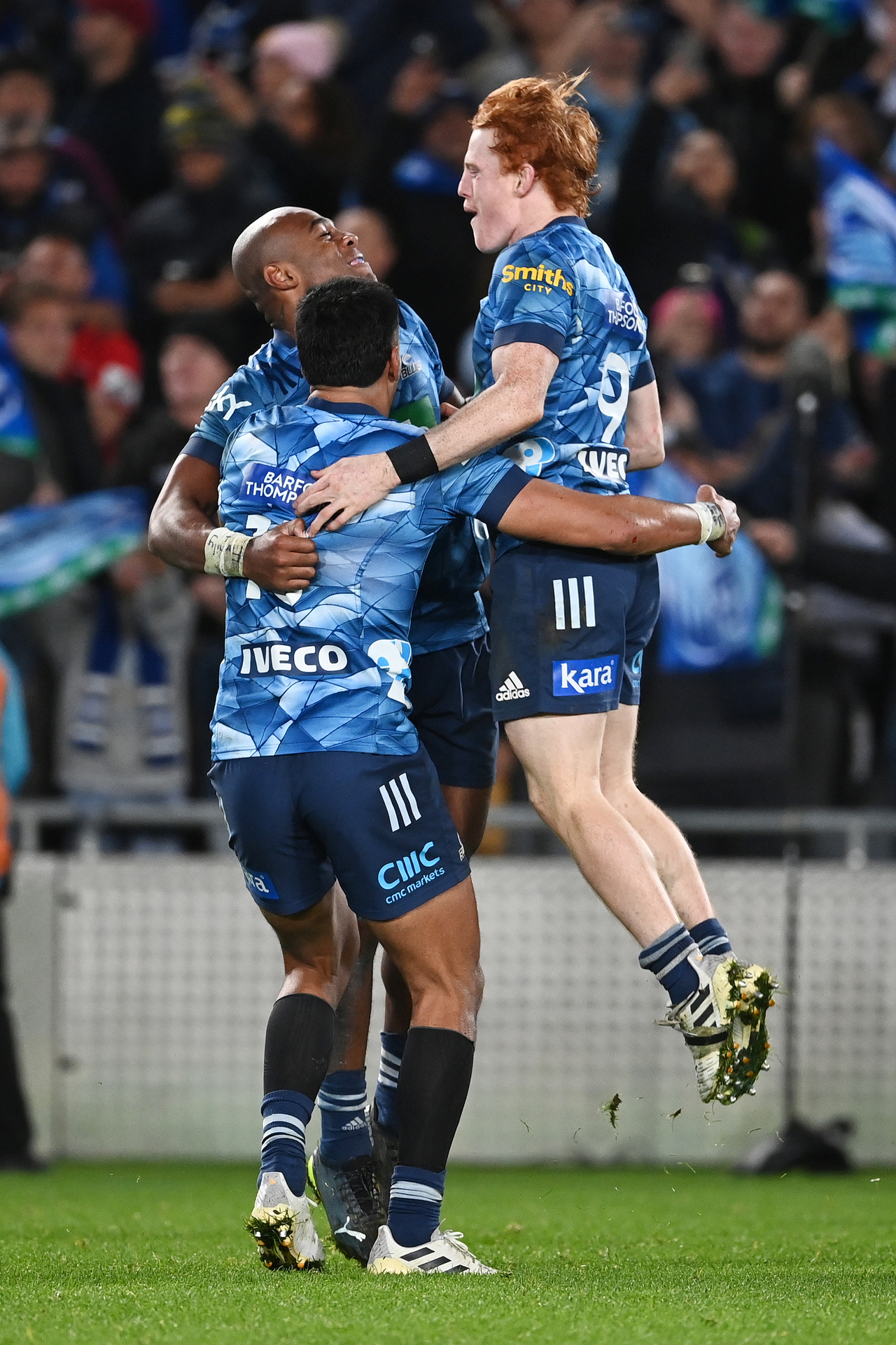 (L to R) Mark Telea, Rieko Ioane and Finlay Christie celebrate victory. Photo / Photosport