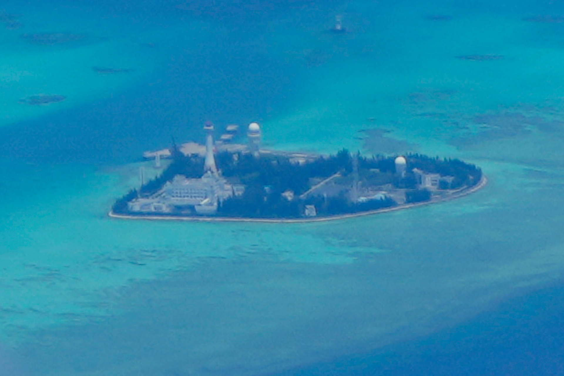 A built-up man-made island on Johnson reef at the Spratlys group of islands in the South China Sea. Photo / Aaron Favila, AP