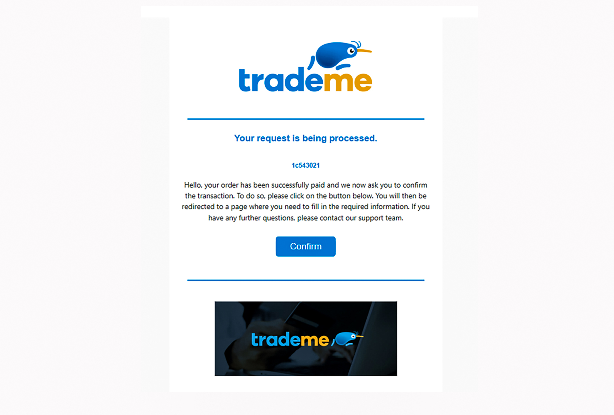 Trade Me warns that clicking a button in a 