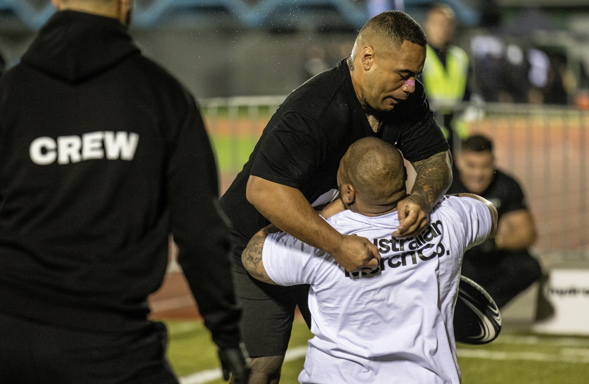 ‘Run it straight’ has been touted as the world’s fiercest new collision sport. It involves a runner and a tackler running full speed at each other on a 20m x 4m “battlefield”, with victory belonging to the one who dominates the collision. Photo / Mike Scott