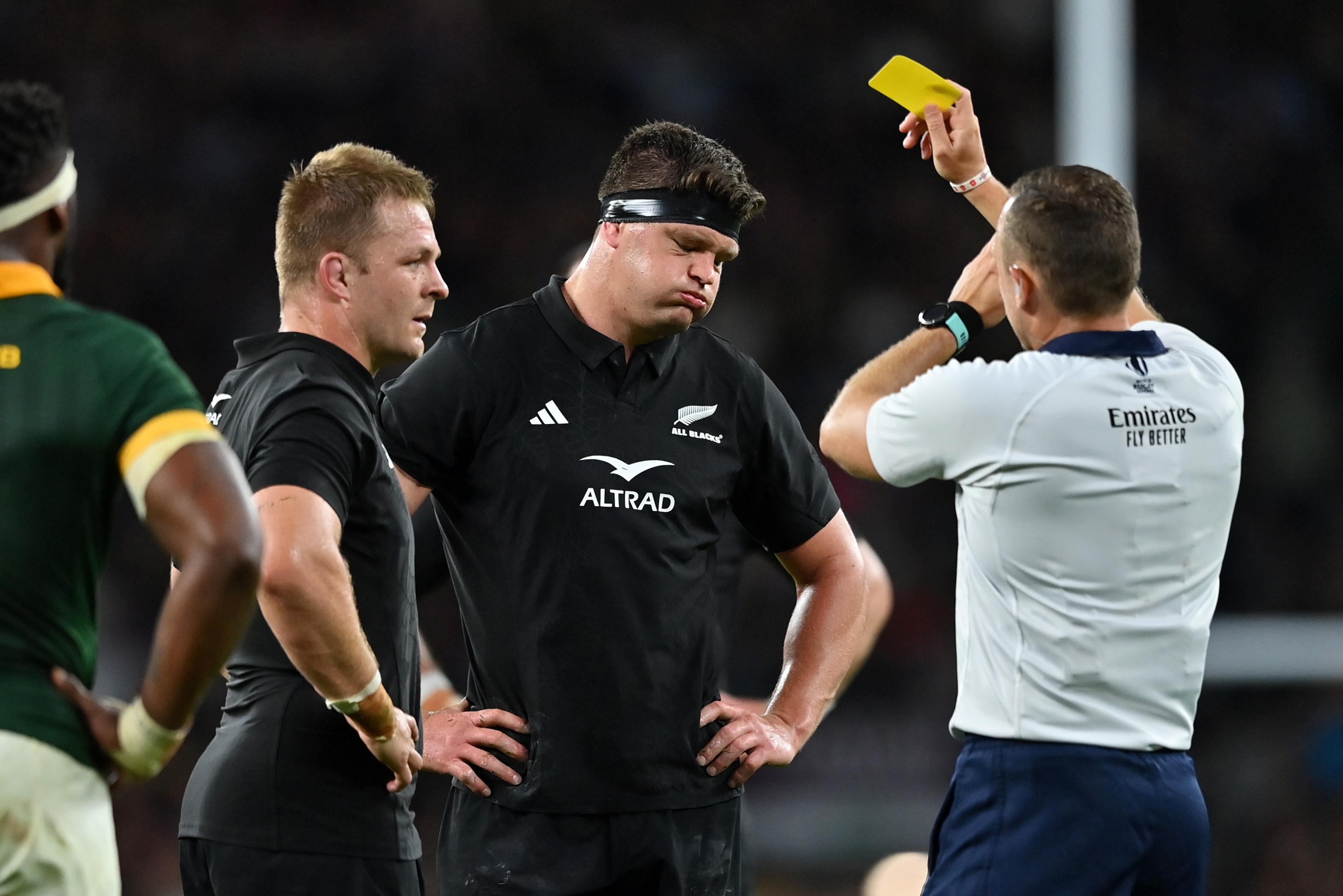 Scott Barrett is shown a yellow card against South Africa in 2023. Photo / Getty Images