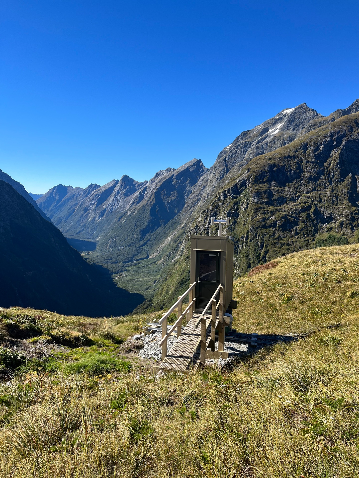 Loo with a view from the MacKinnon Pass shelter. Photo / Thomas Bywater for Travel