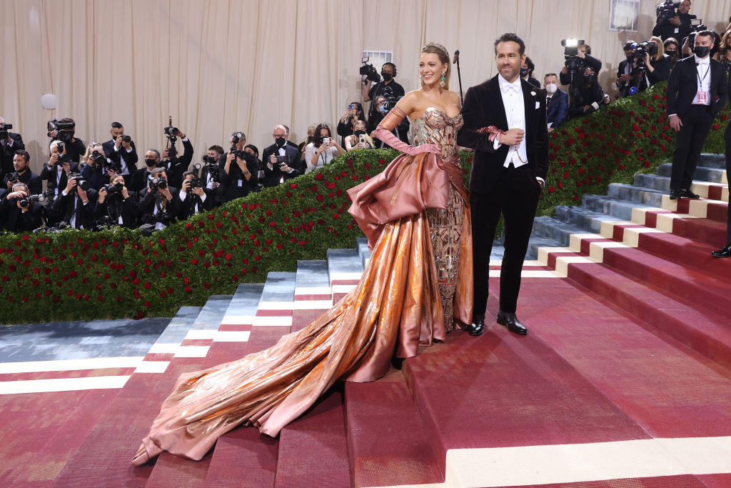 Host Blake Lively arriving at last year's Met Gala with husband Ryan Reynolds. Her Versace dress paid tribute to iconic New York architecture. Photo / Getty