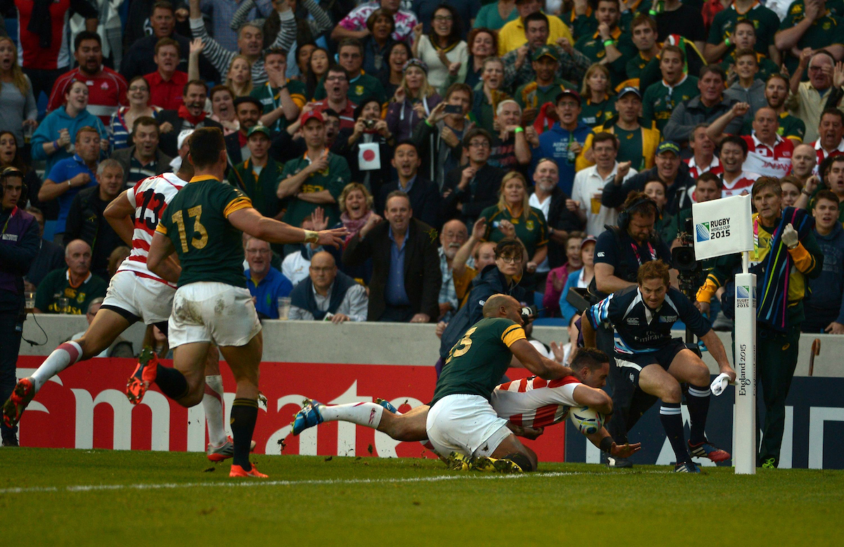 Karne Hesketh scores the game-winning try for Japan against South Africa at the 2015 Rugby World Cup. Photo / Photosport