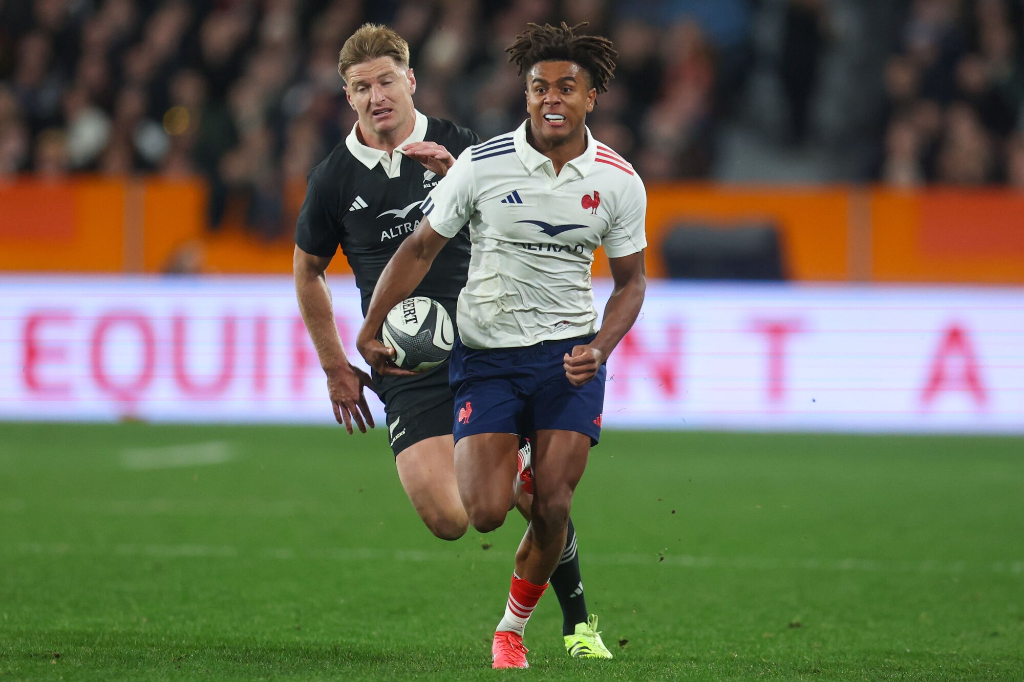 French fullback Théo Attissogbe on the run in Dunedin. Photo / Getty Images