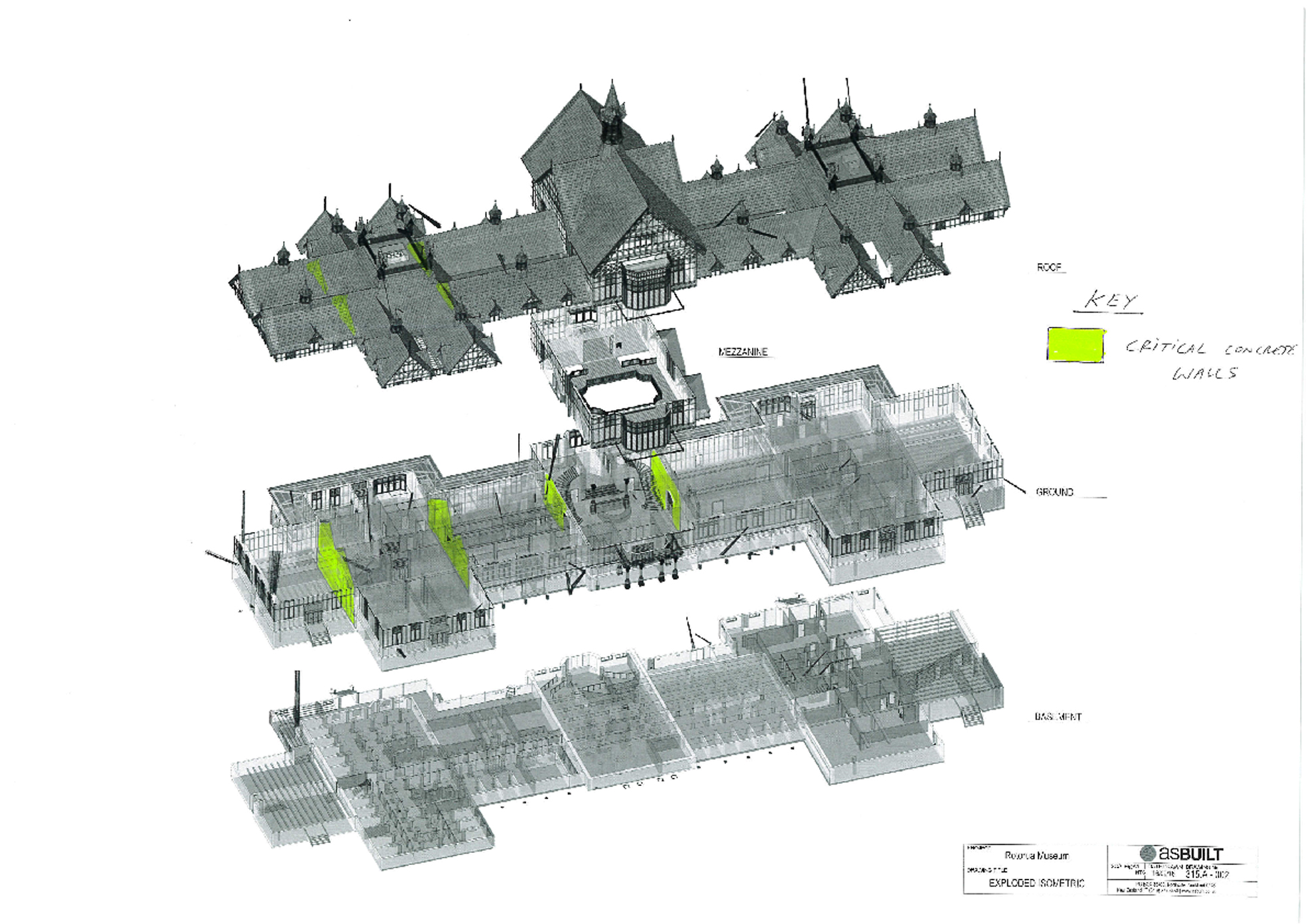 This image shows the internal walls which were found to have no steel reinforcement (marked in green).