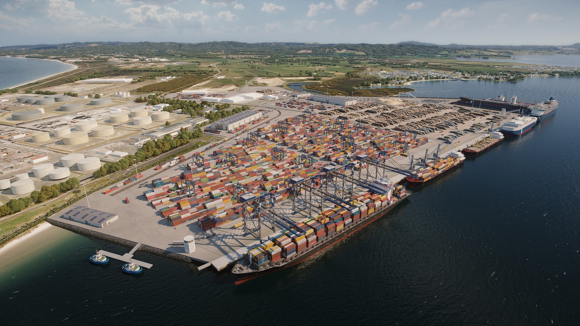 An artist's impression of the proposed Northport expansion into Whangārei Harbour at Marsden Point which seeks to develop to the east of the existing port.