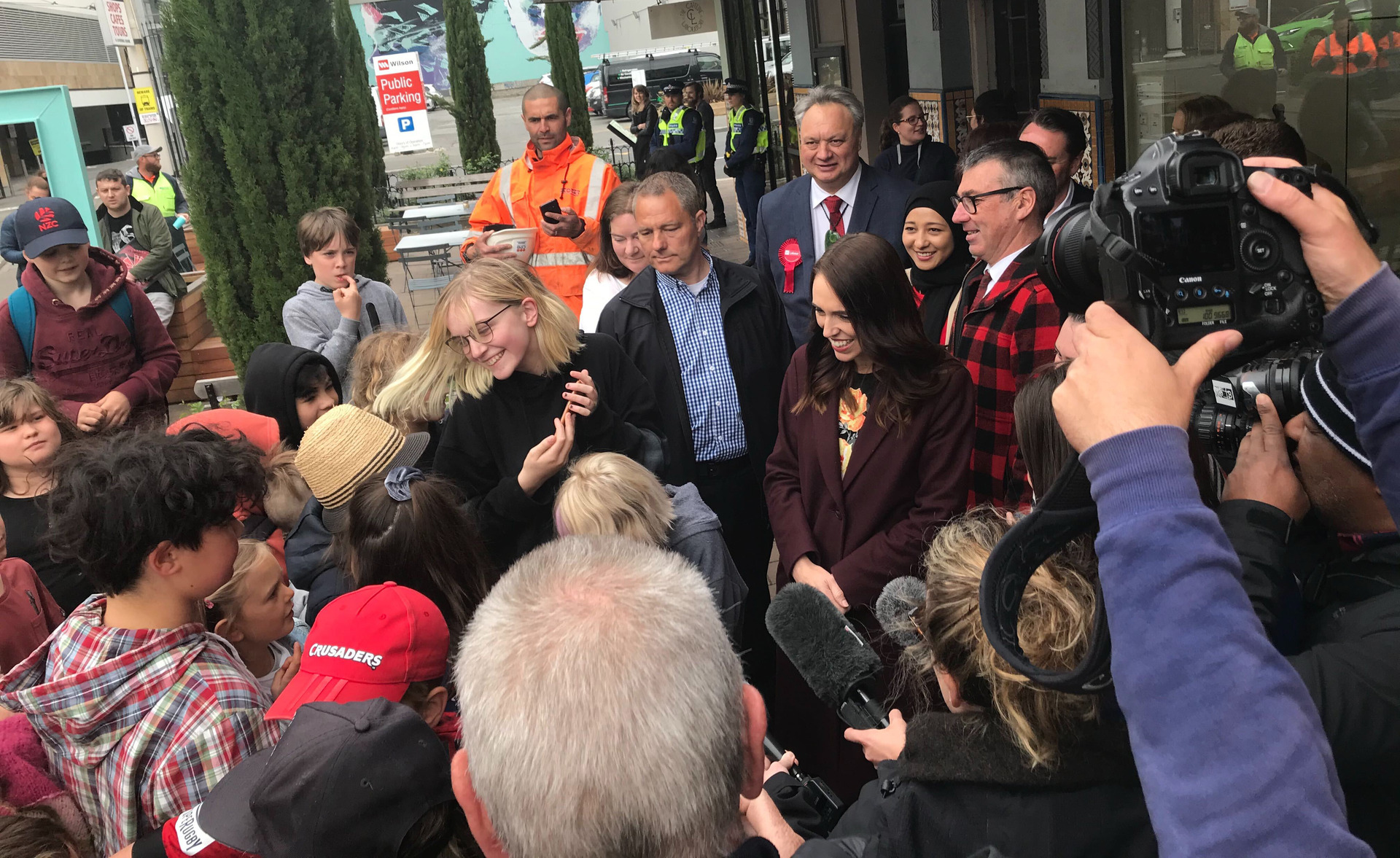 Labour leader Jacinda Ardern greets a crowd on the campaign trail in Christchurch. Photo / Logan Church
